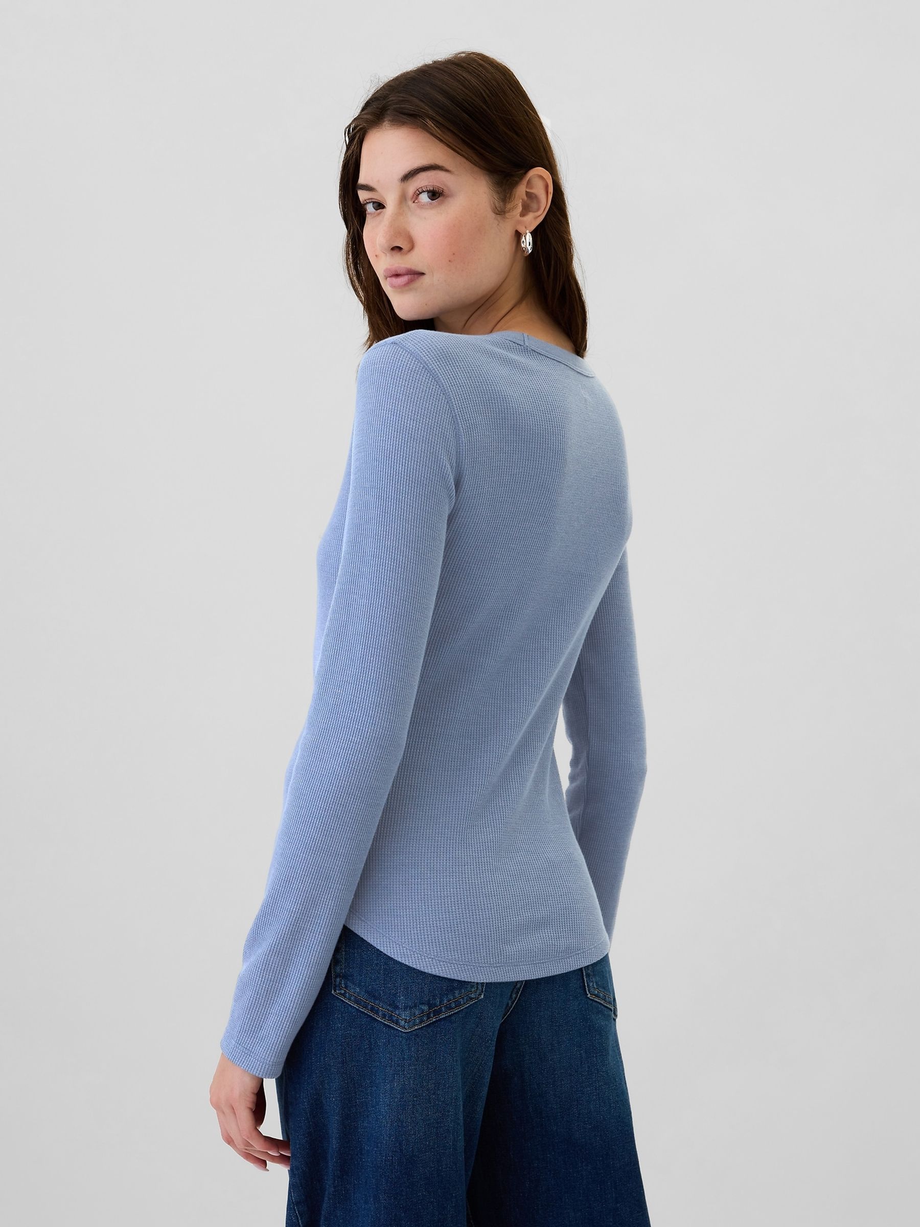 Blue Long Sleeve Crew Neck Waffle Knit T-Shirt - Image 2 of 5