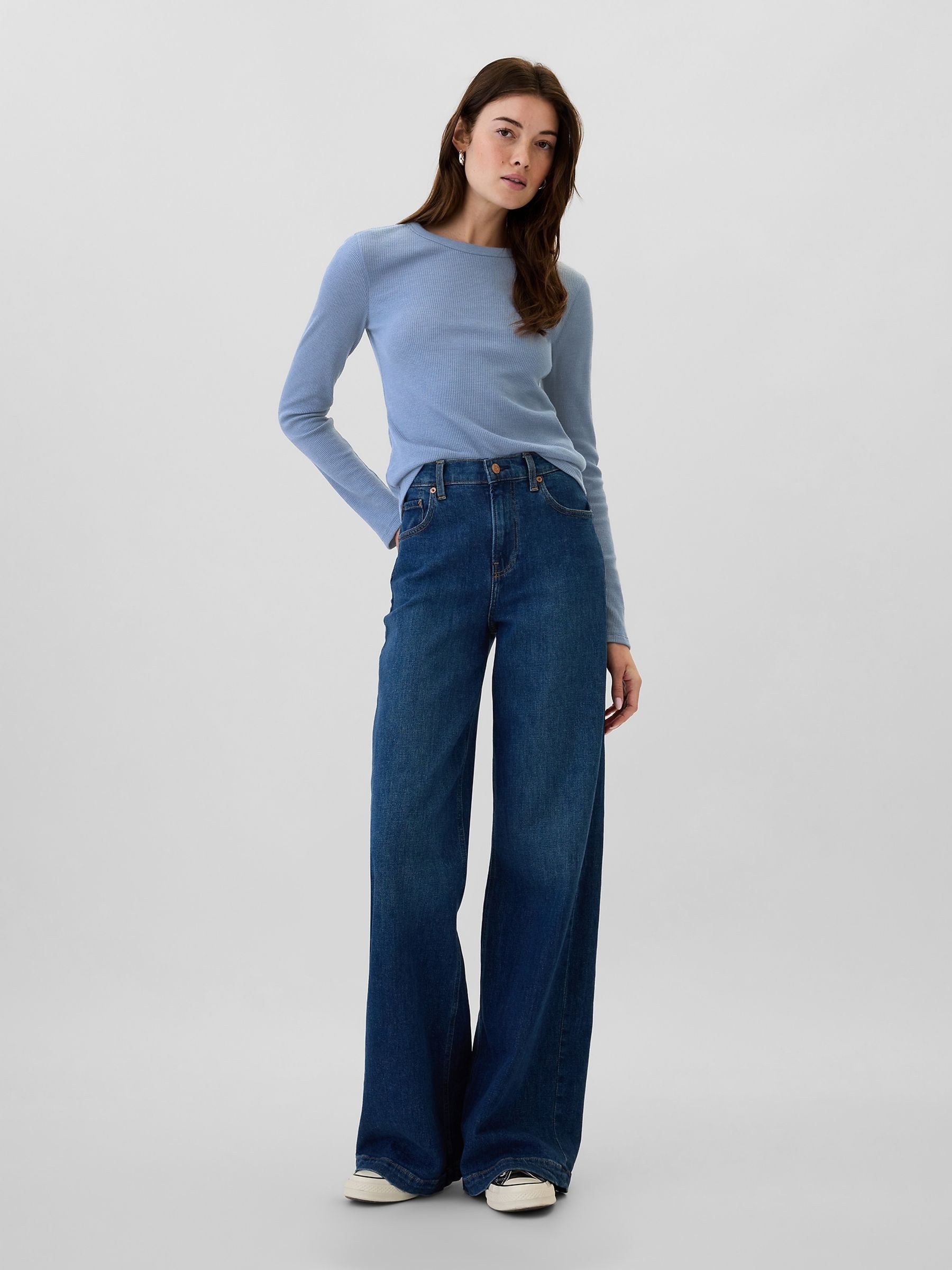 Blue Long Sleeve Crew Neck Waffle Knit T-Shirt - Image 3 of 5