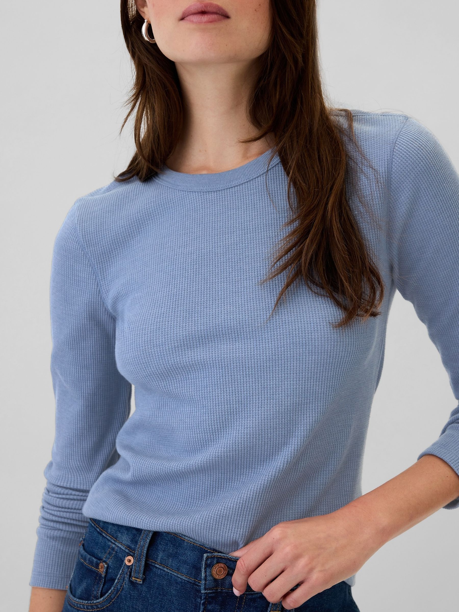 Blue Long Sleeve Crew Neck Waffle Knit T-Shirt - Image 4 of 5