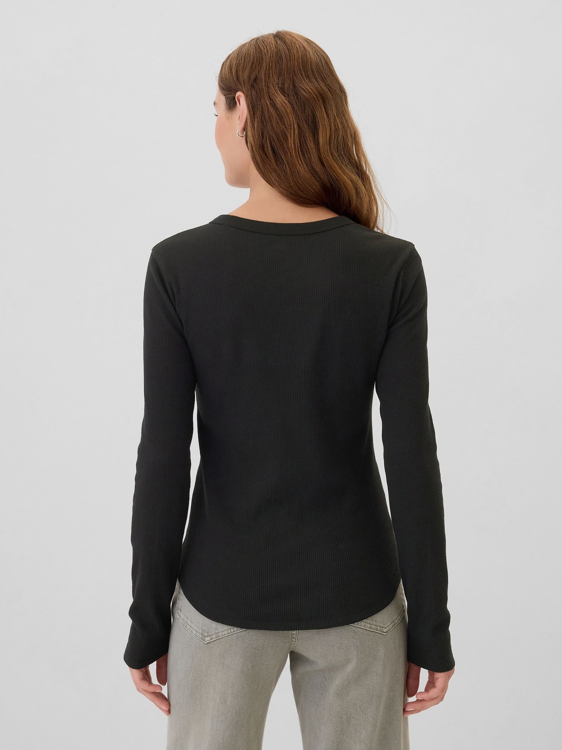 Black Long Sleeve Crew Neck Waffle Knit T-Shirt - Image 2 of 5