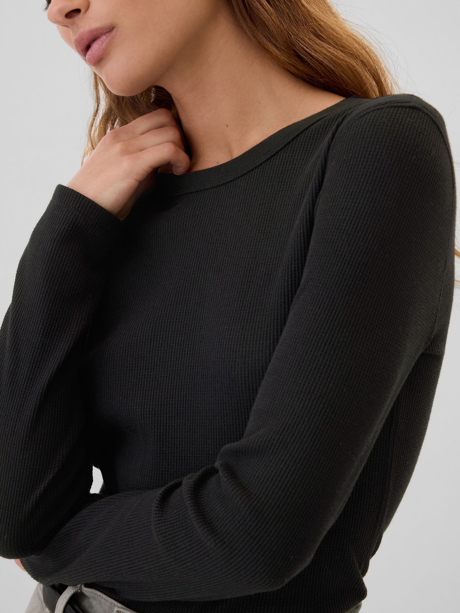 Black Long Sleeve Crew Neck Waffle Knit T-Shirt - Image 4 of 5