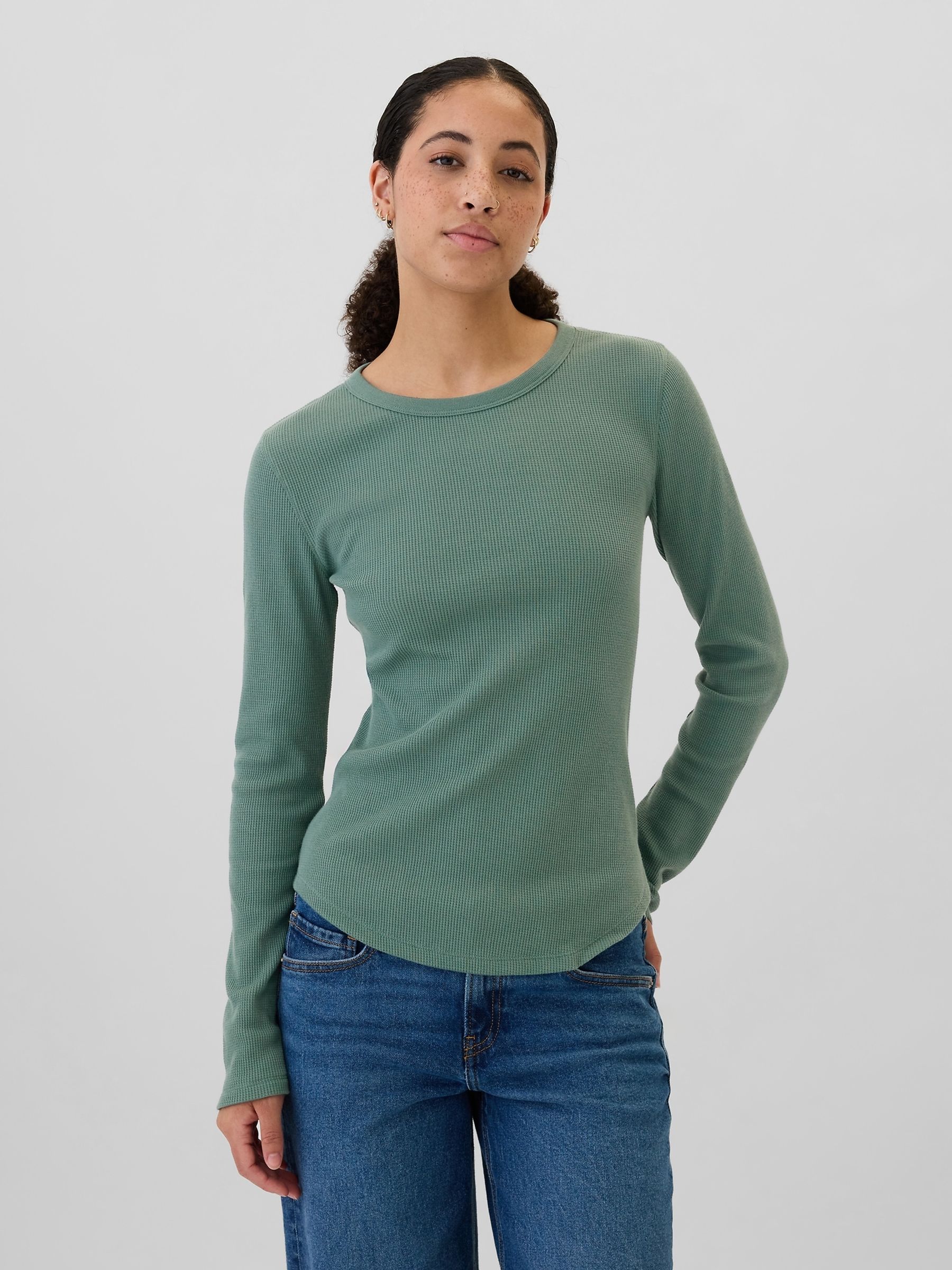 Green Long Sleeve Crew Neck Waffle Knit T-Shirt - Image 1 of 5