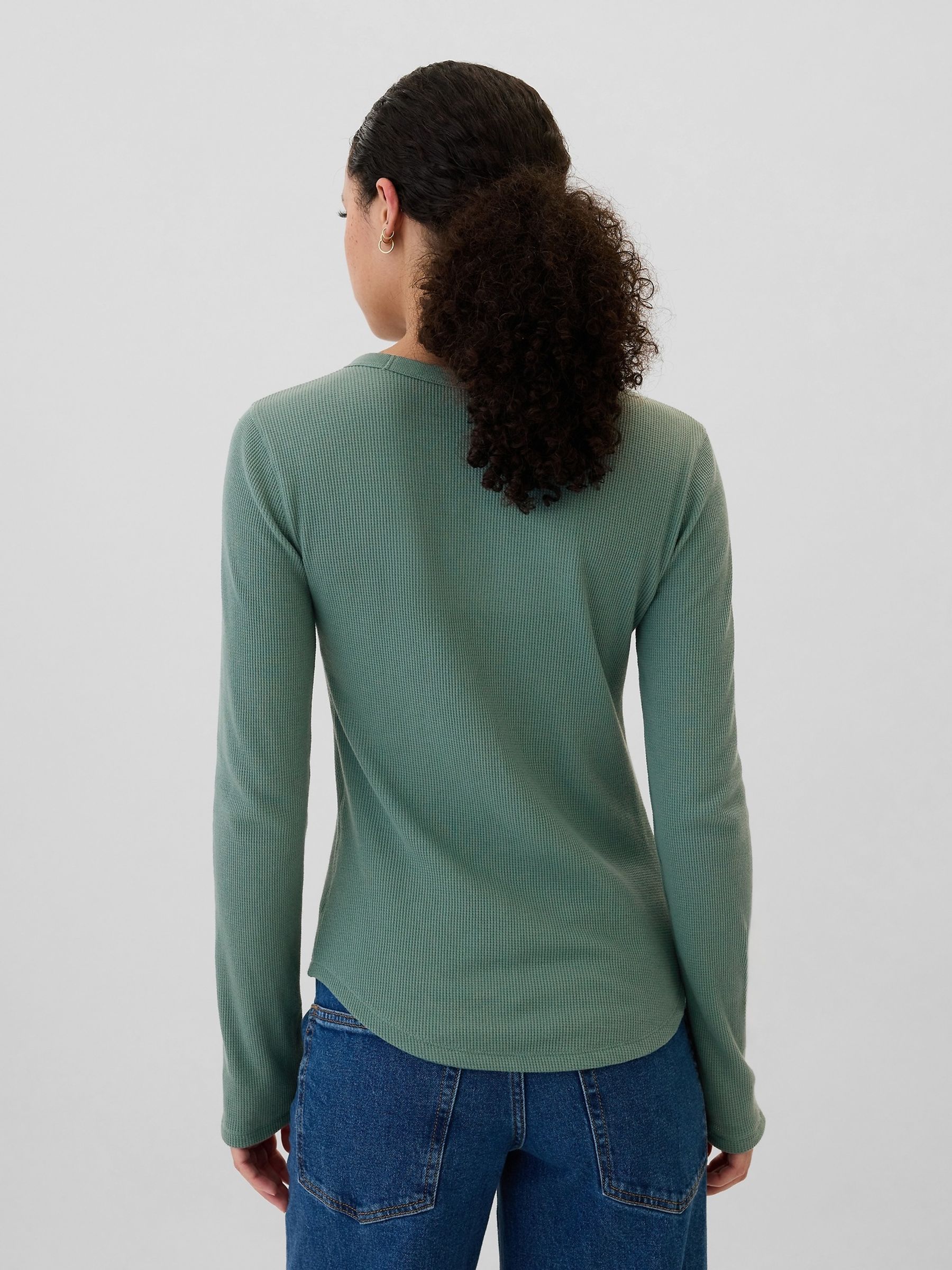 Green Long Sleeve Crew Neck Waffle Knit T-Shirt - Image 2 of 5