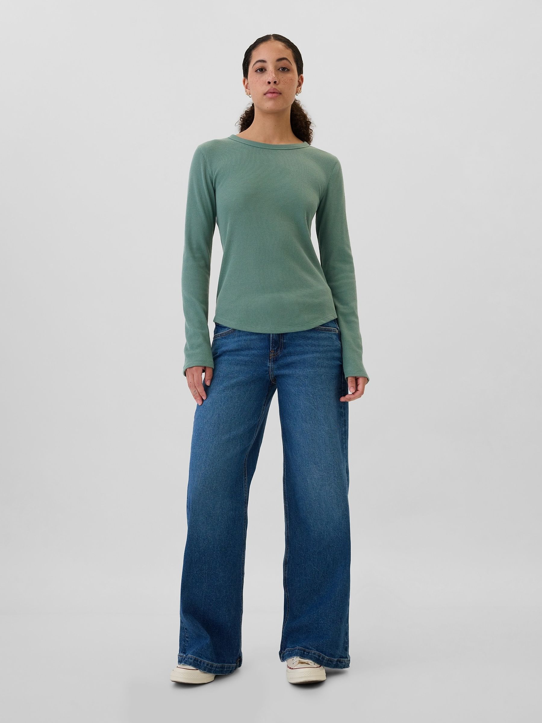 Green Long Sleeve Crew Neck Waffle Knit T-Shirt - Image 3 of 5