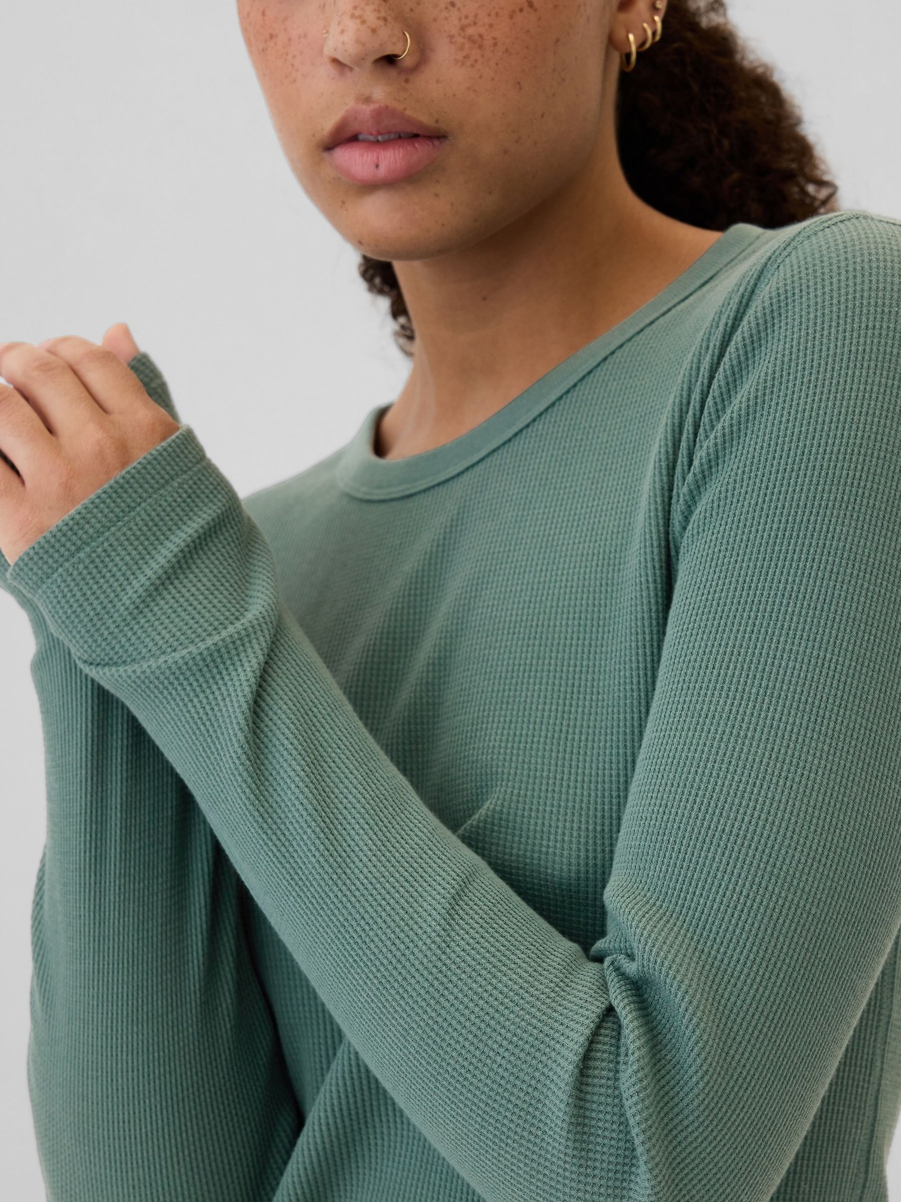 Green Long Sleeve Crew Neck Waffle Knit T-Shirt - Image 4 of 5