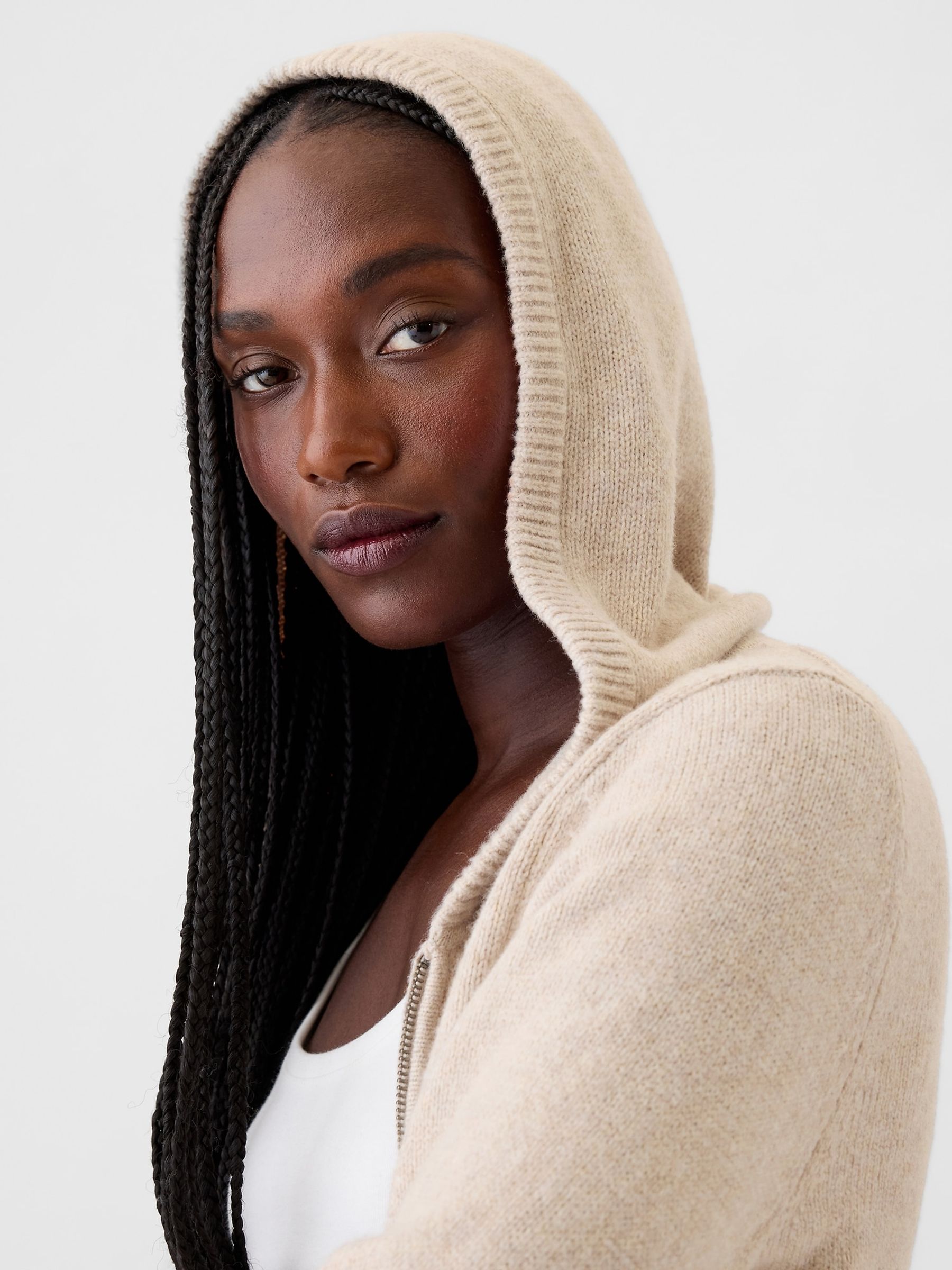 Beige CashSoft Zip Through Knitted Hoodie | Gap