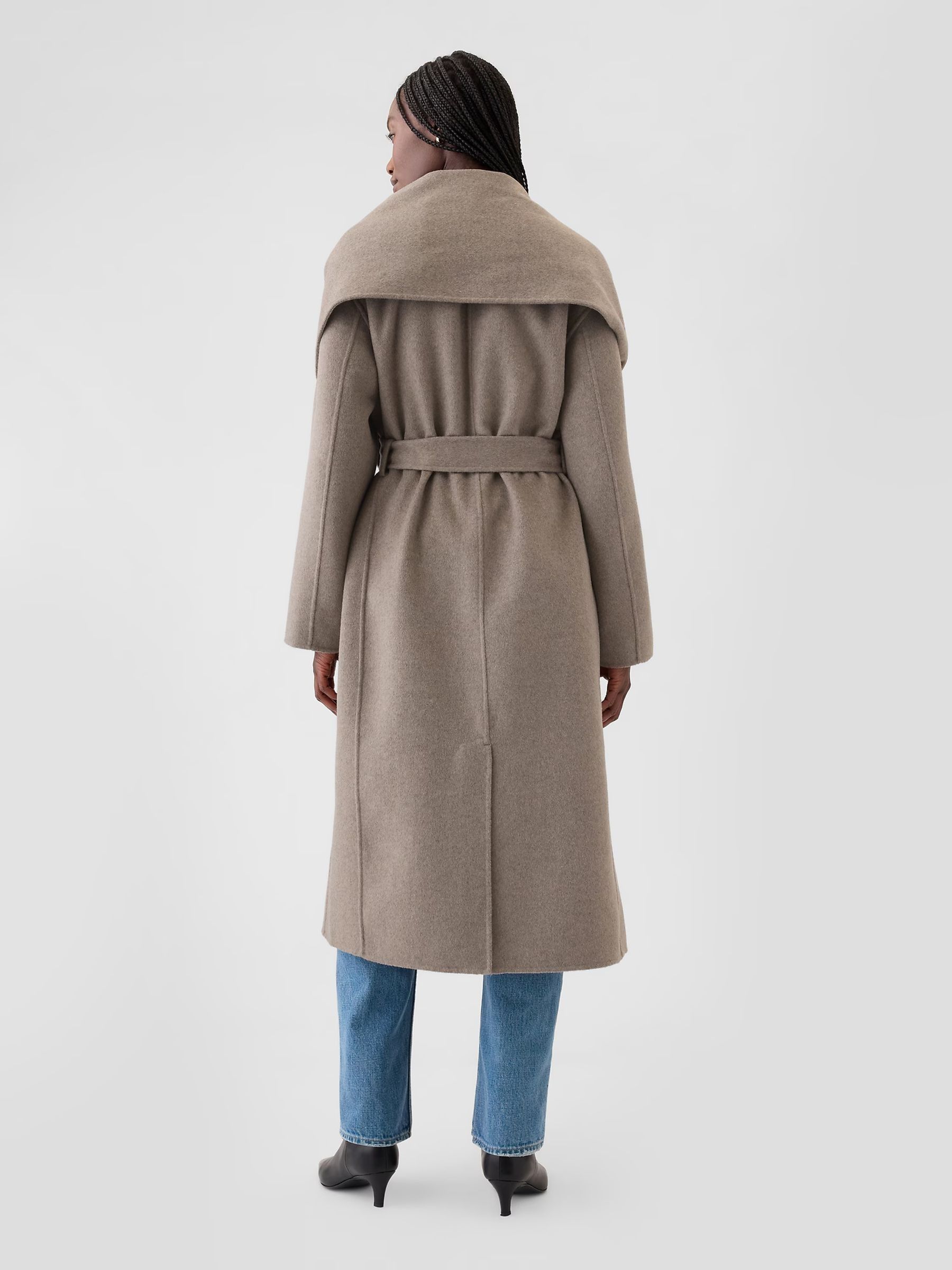 Cool Brown Belted Double-Faced Wool Wrap Scarf Coat - Image 2 of 5