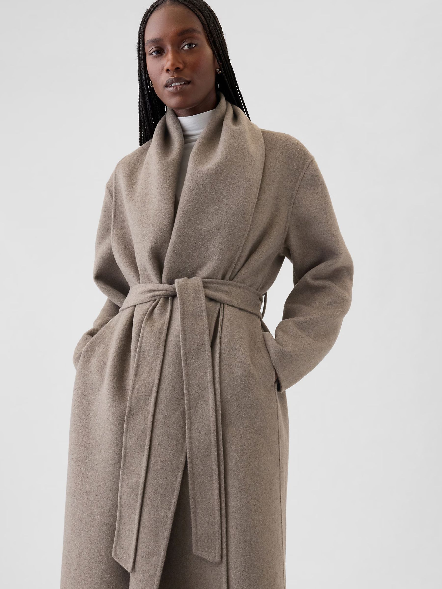 Cool Brown Belted Double-Faced Wool Wrap Scarf Coat - Image 4 of 5