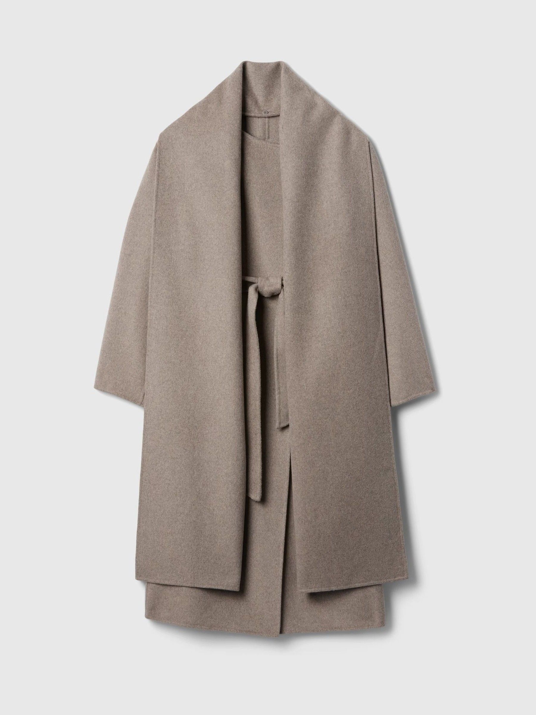 Cool Brown Belted Double-Faced Wool Wrap Scarf Coat - Image 5 of 5