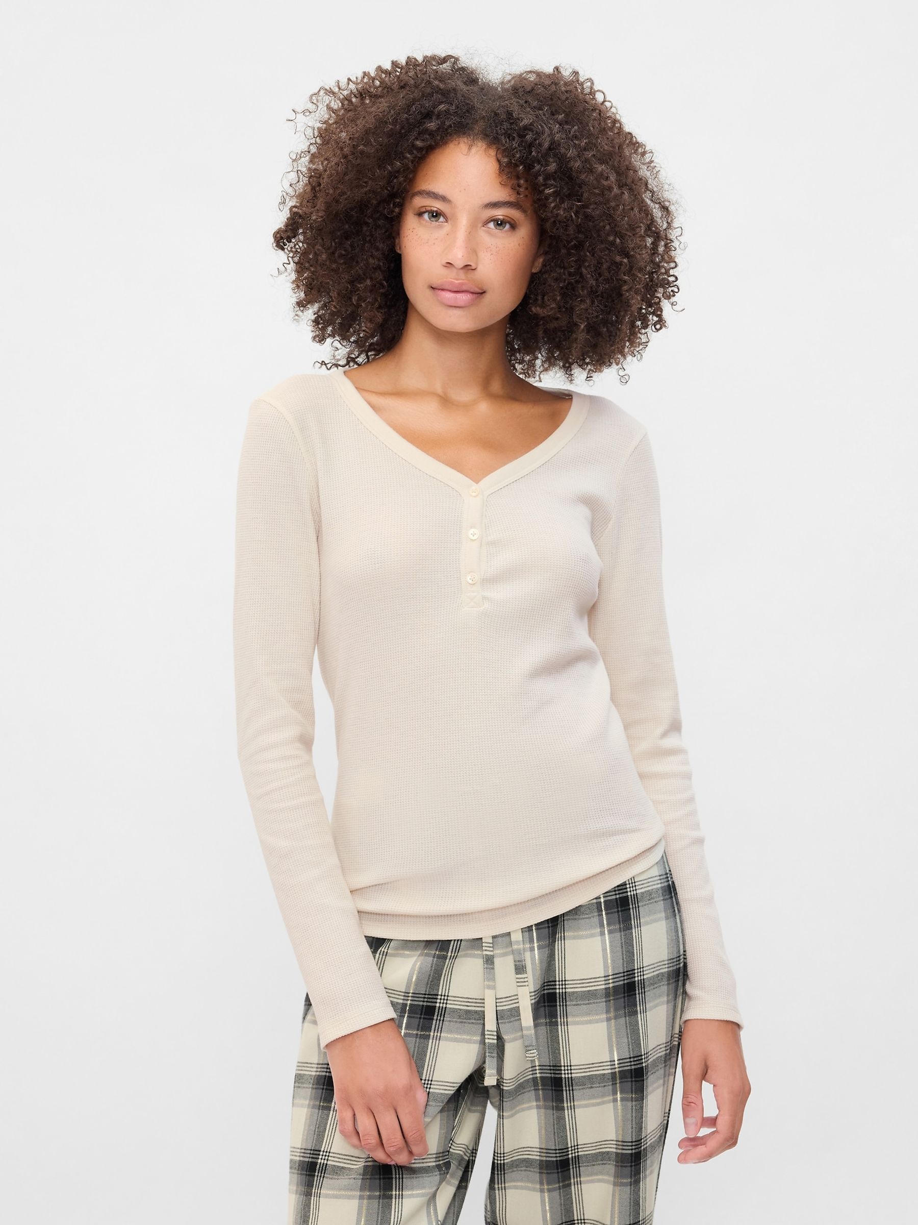 Cream Waffle Knit Henley Pyjama Top - Image 1 of 4