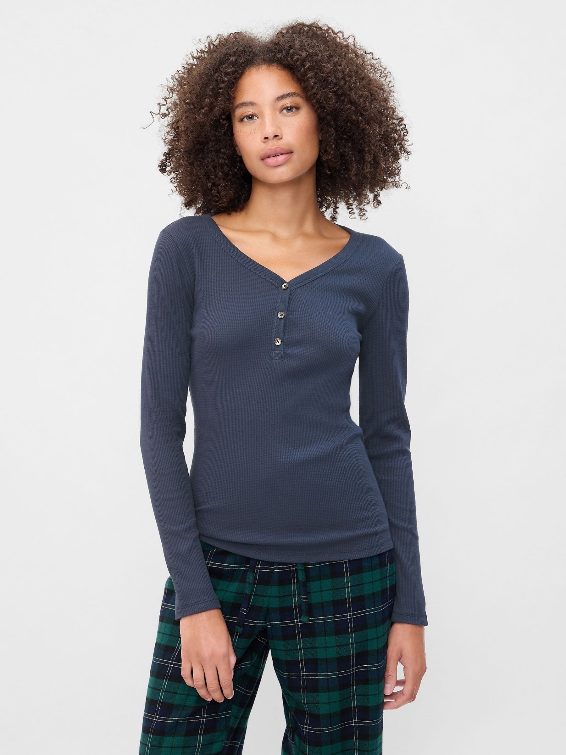 Blue Waffle Knit Henley Pyjama Top - Image 1 of 4 Blue Waffle Knit Henley Pyjama Top - Image 1 of 4