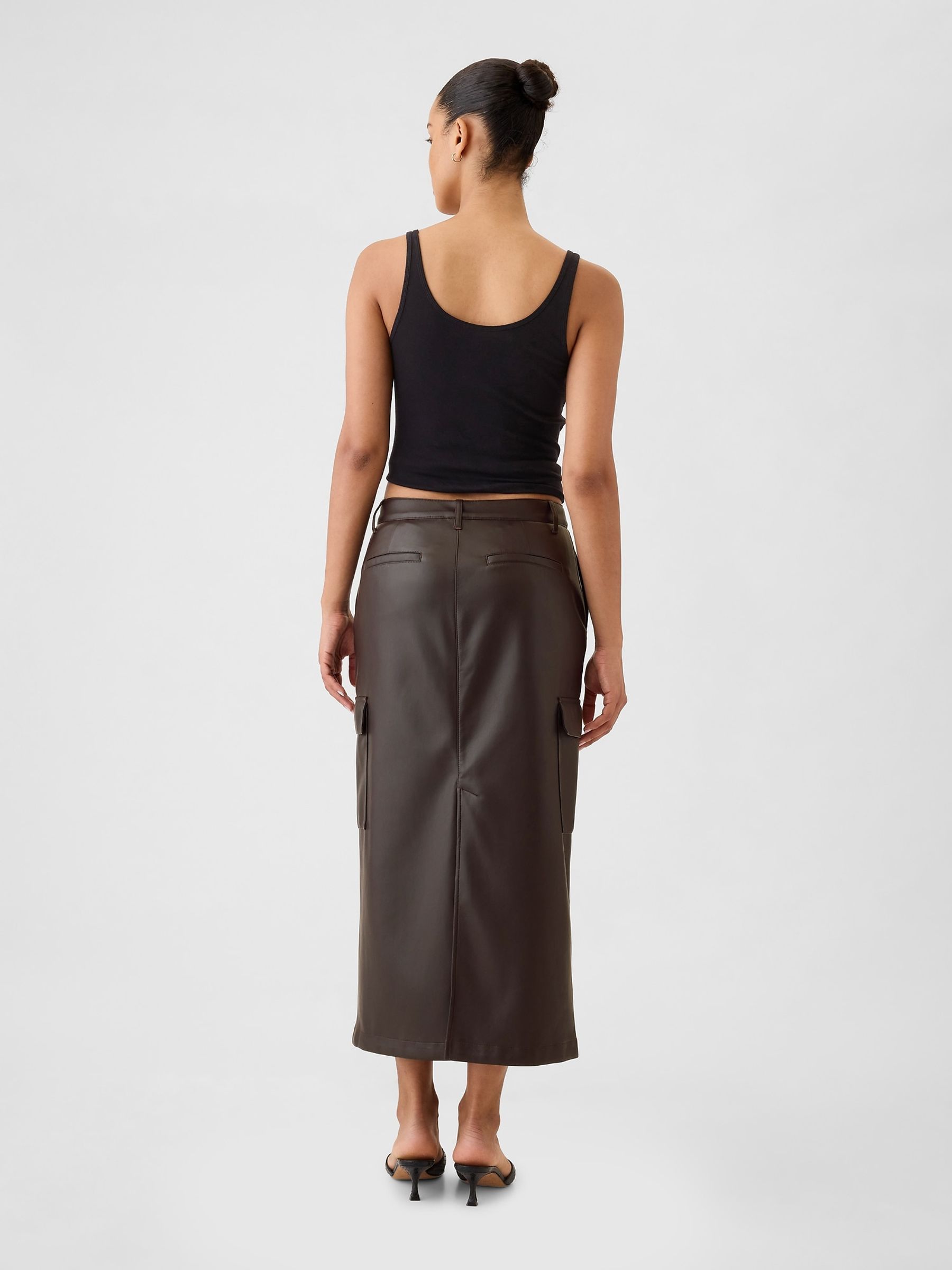 Brown Faux Leather Cargo Midi Skirt - Image 2 of 5