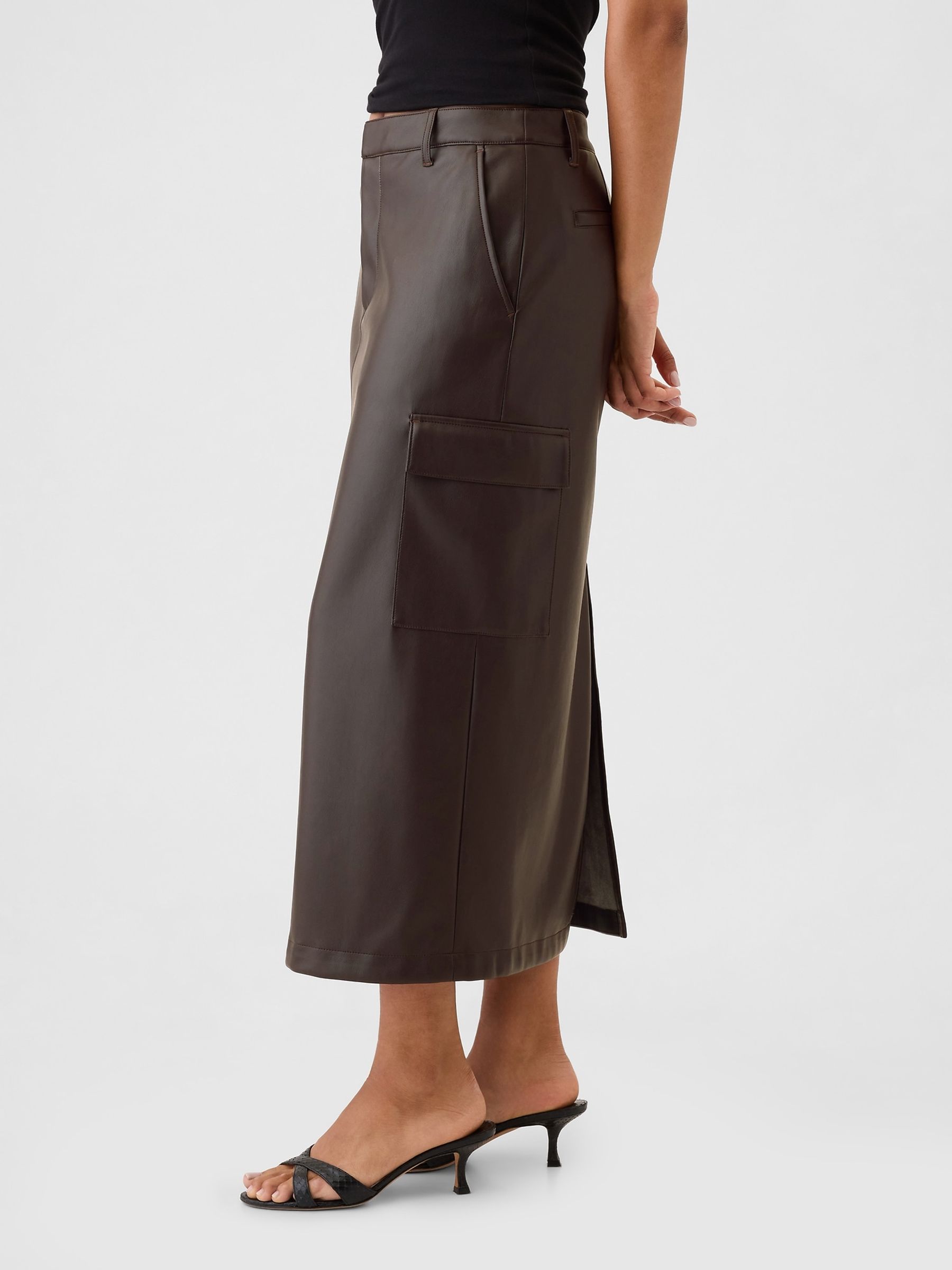 Brown Faux Leather Cargo Midi Skirt - Image 3 of 5