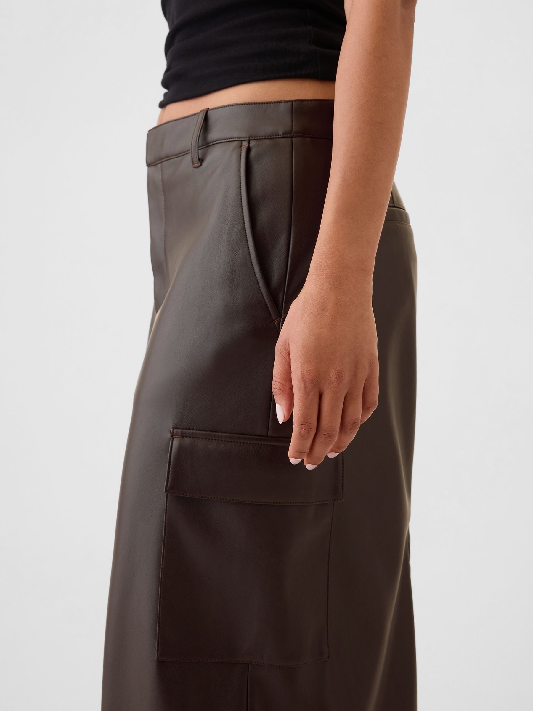 Brown Faux Leather Cargo Midi Skirt - Image 4 of 5