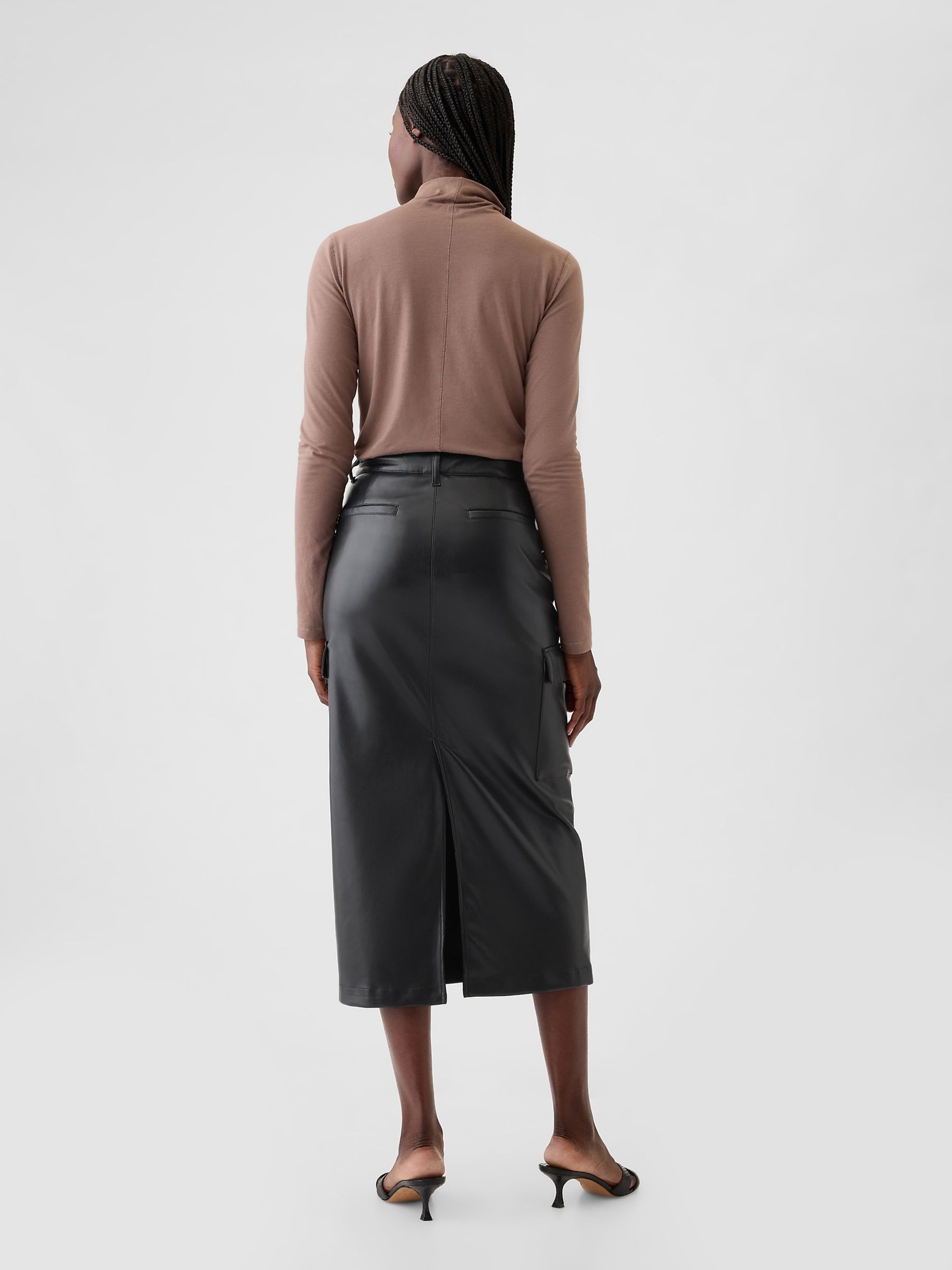 Black Faux Leather Cargo Midi Skirt - Image 2 of 5