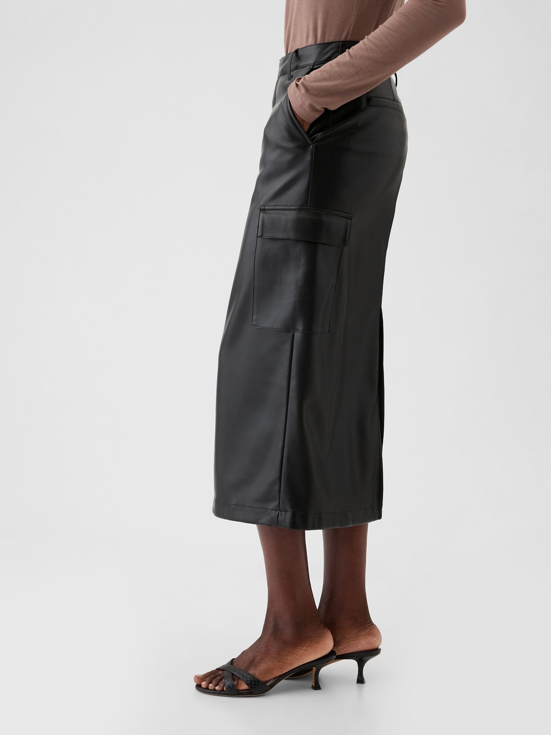 Black Faux Leather Cargo Midi Skirt - Image 3 of 5