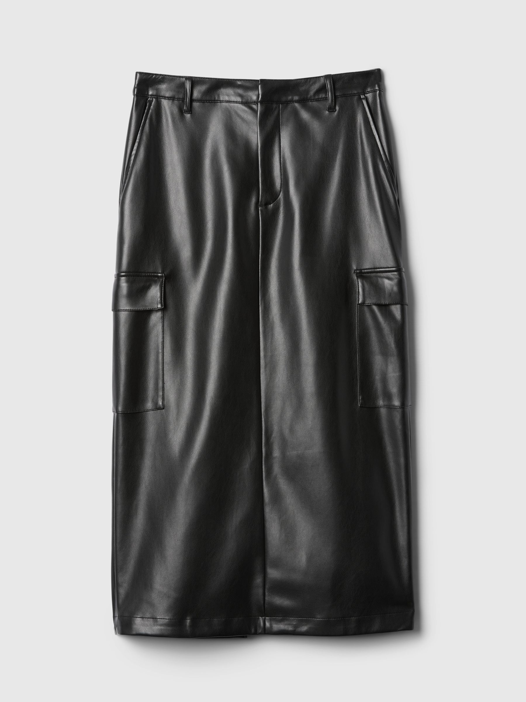 Black Faux Leather Cargo Midi Skirt - Image 4 of 5