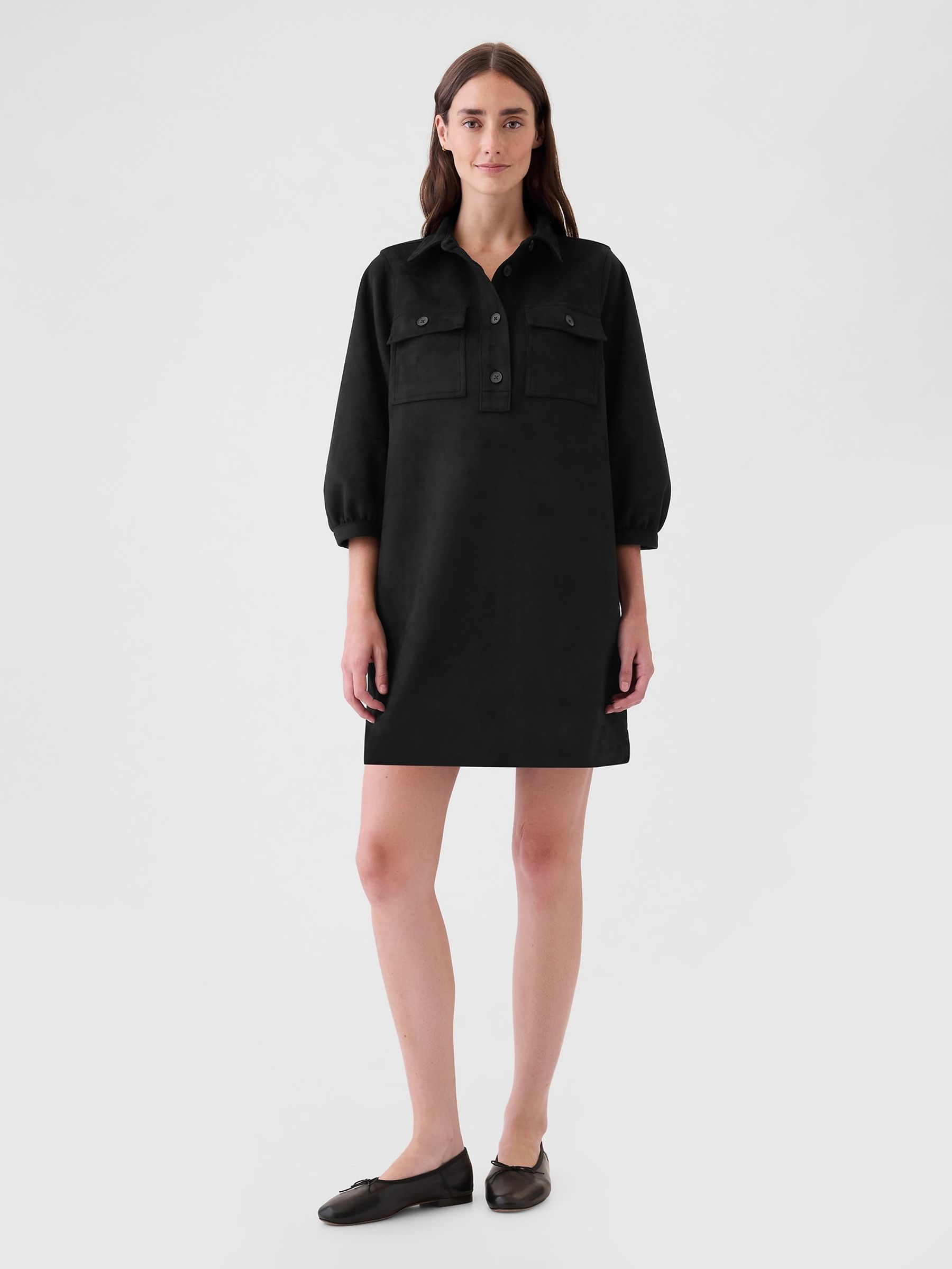 Black Vegan Suede Shift Mini Dress - Image 2 of 5