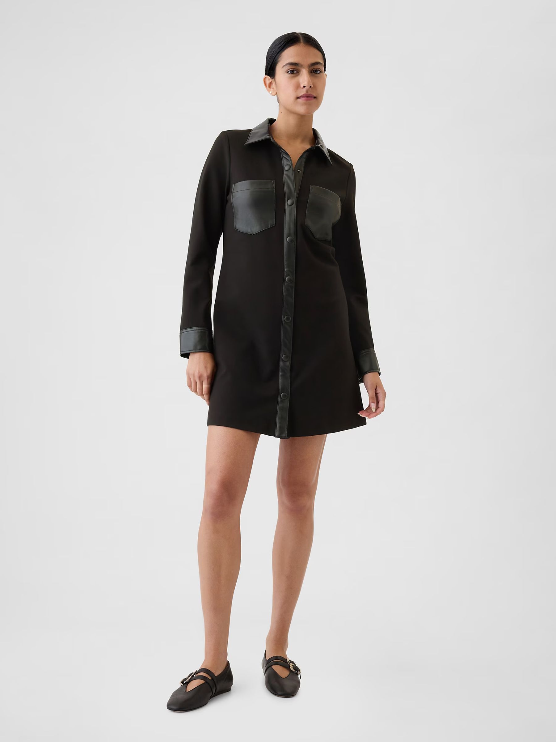 Black Faux Leather Details Mini Shirt Dress - Image 2 of 5