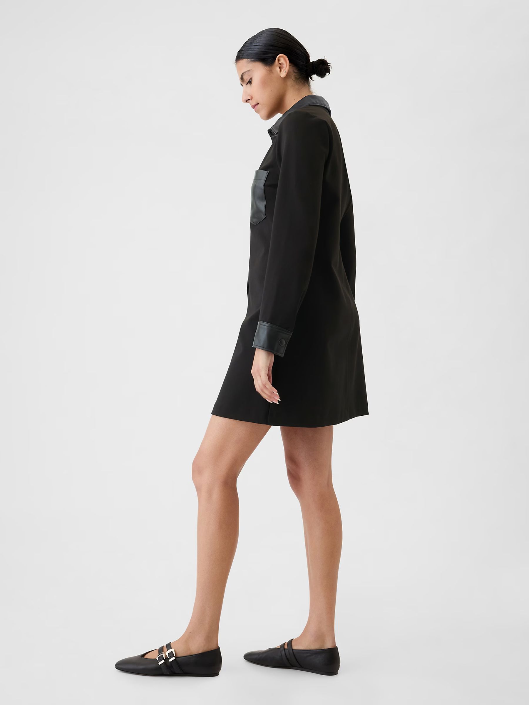 Black Faux Leather Details Mini Shirt Dress - Image 4 of 5