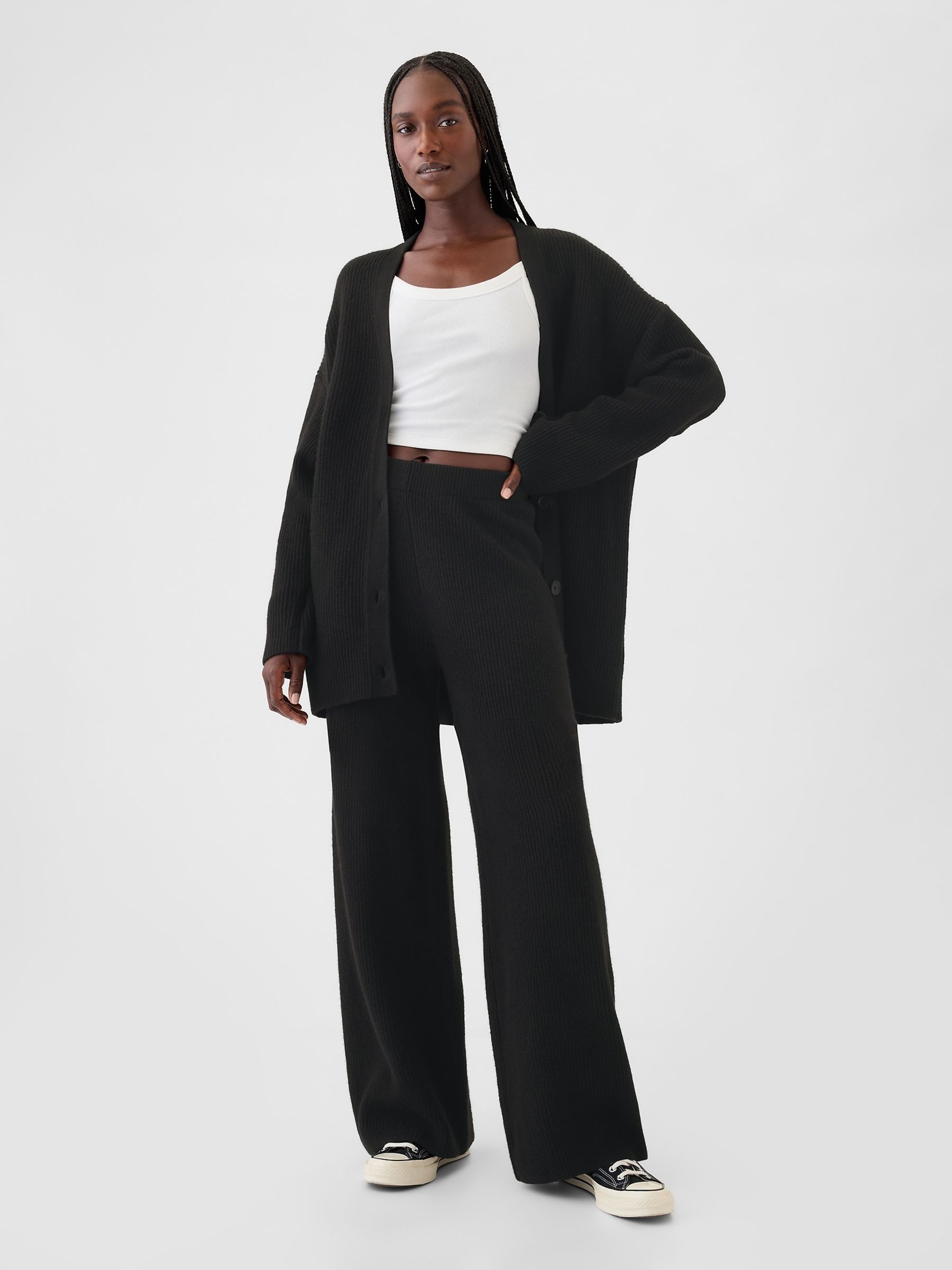 Black CashSoft Shaker-Stitch Knit Trousers - Image 1 of 5