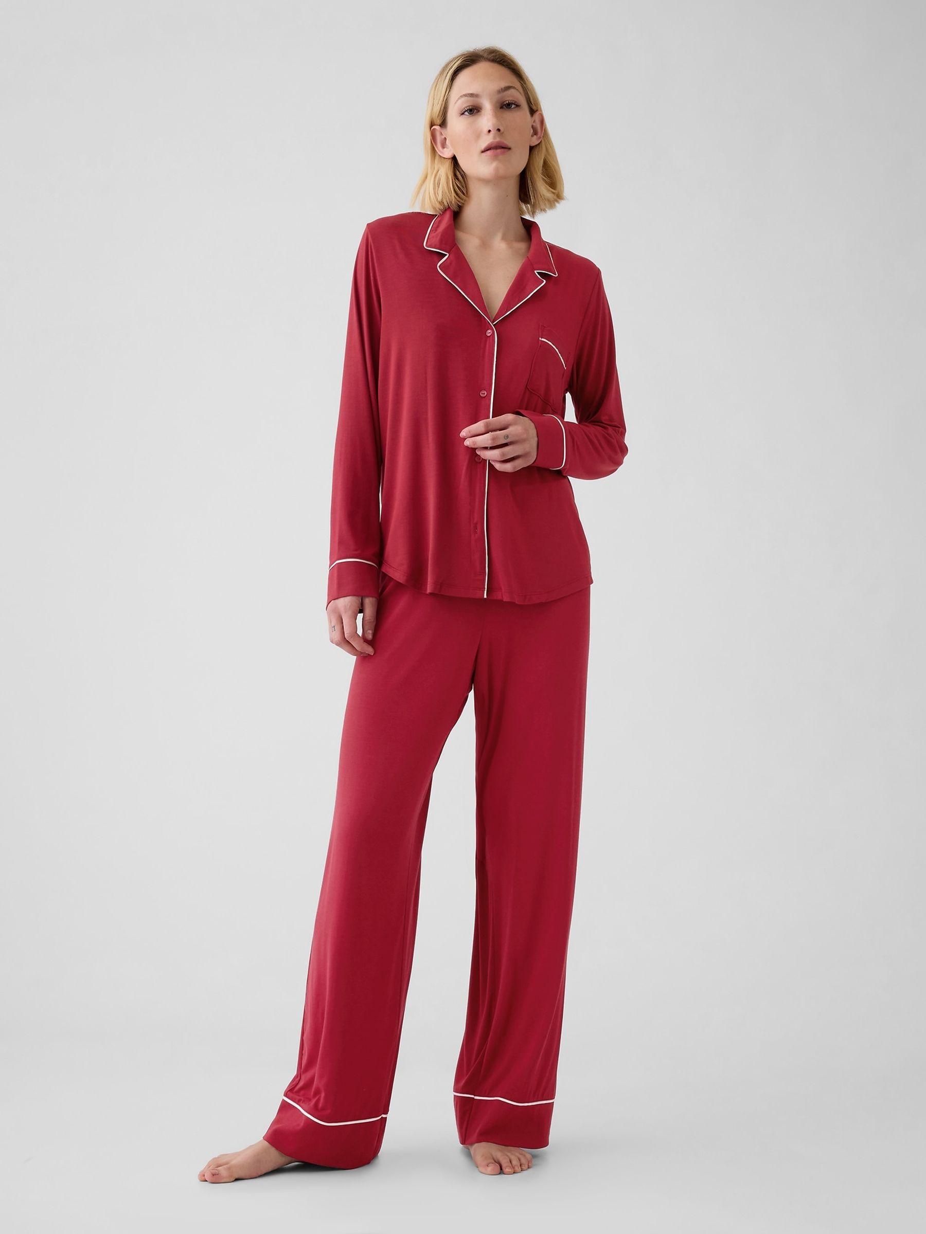 Red Modal Long Sleeve Pyjama Shirt - Image 3 of 4