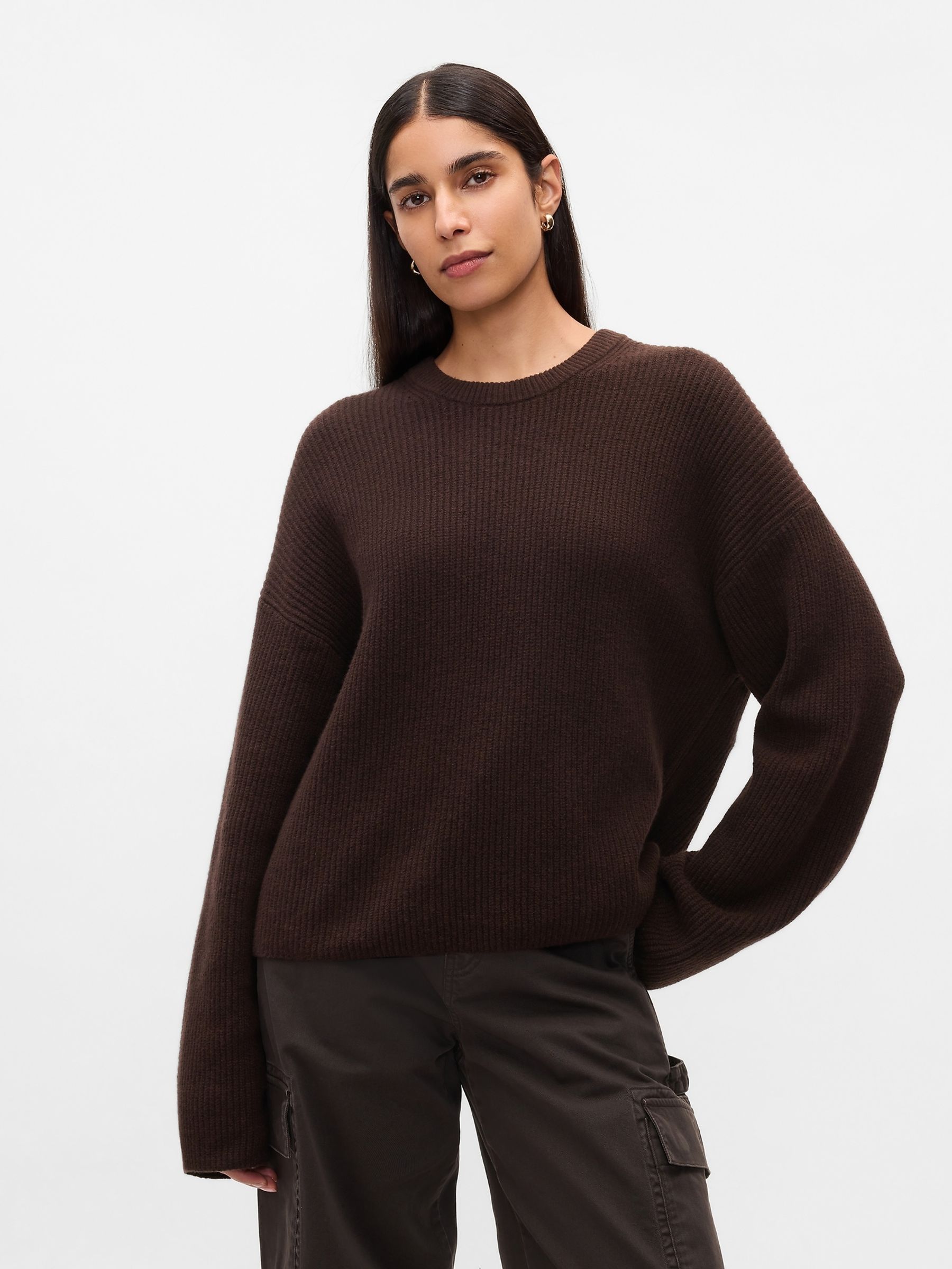 Brown CashSoft Oversized Shaker-Stitch Crew Neck Jumper - Image 1 of 5