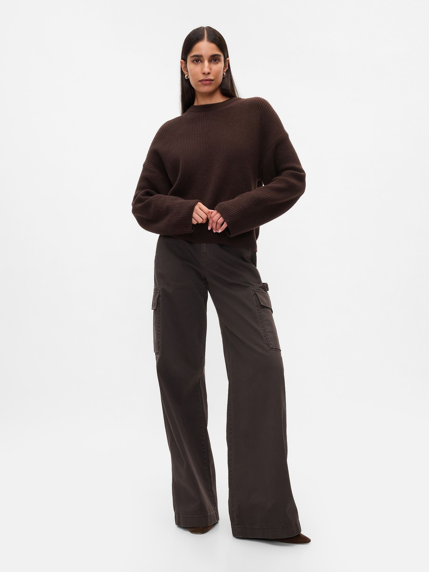 Brown CashSoft Oversized Shaker-Stitch Crew Neck Jumper - Image 3 of 5