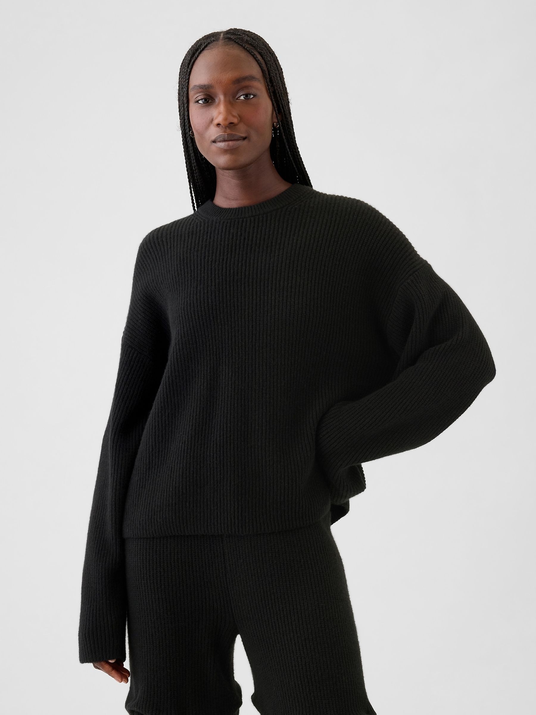 Black CashSoft Oversized Shaker-Stitch Crew Neck Jumper | Gap