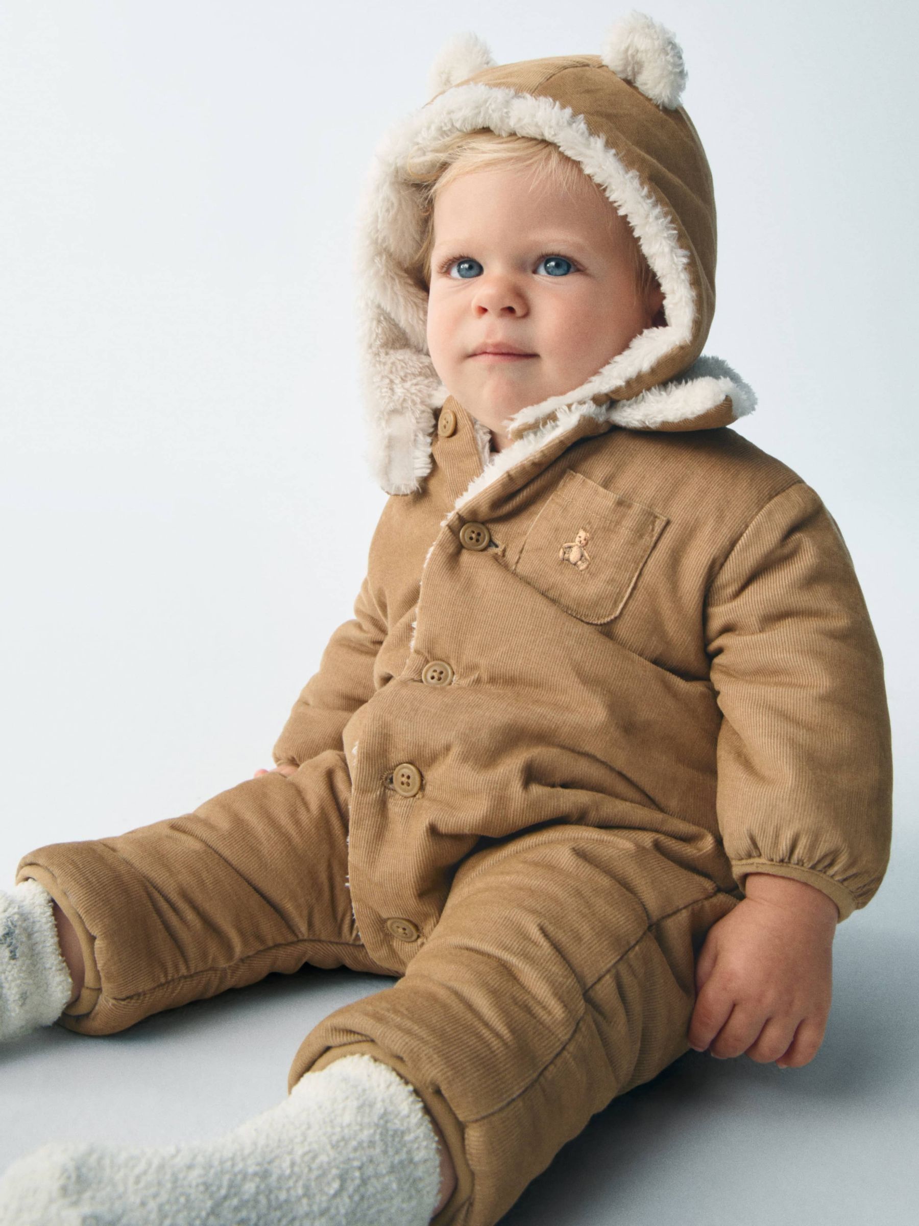 Brown Cosy Sherpa-Lined Cotton Corduroy Baby Pramsuit & Hat (Newborn-24mths) - Image 1 of 5
