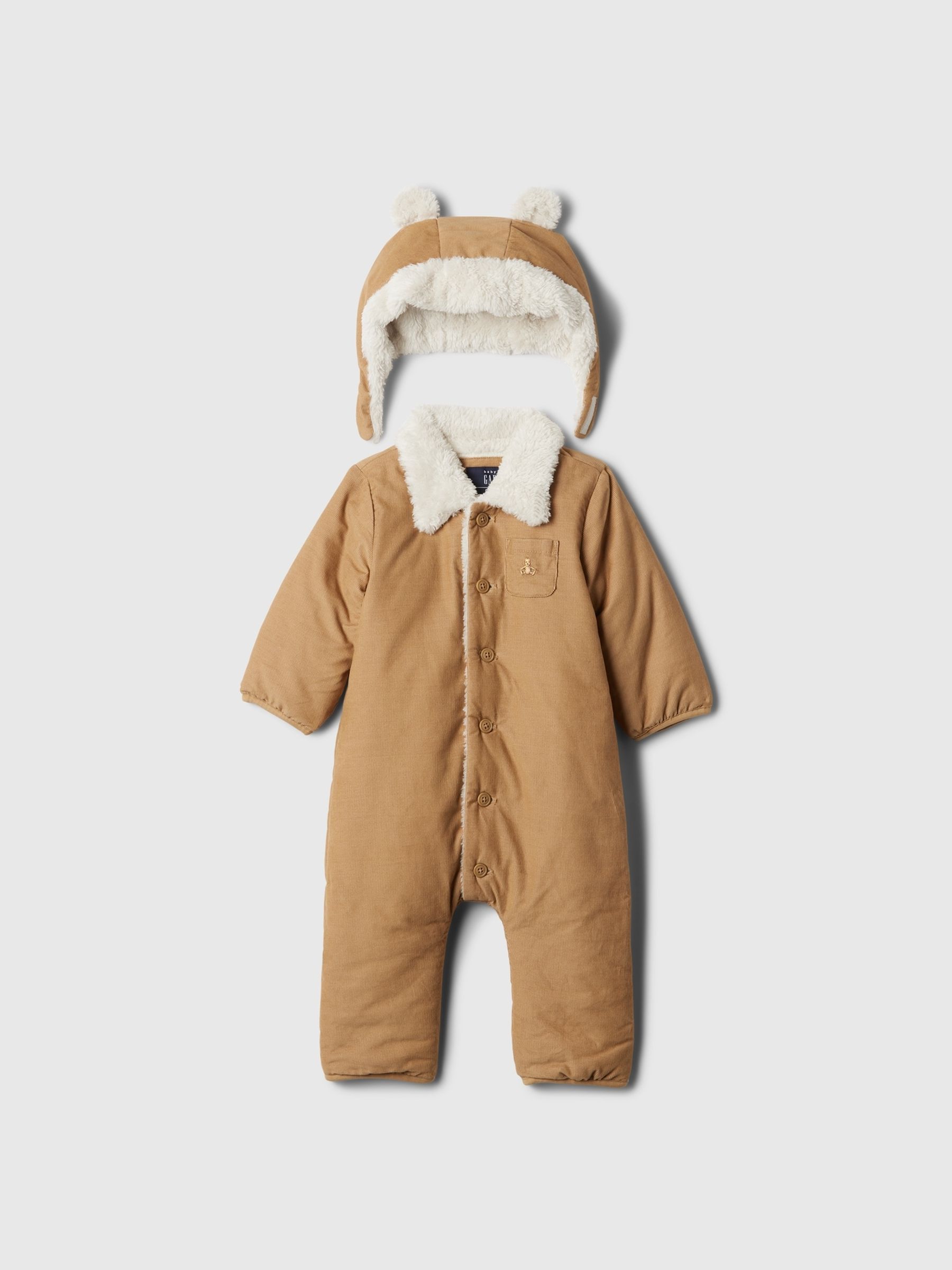 Brown Cosy Sherpa-Lined Cotton Corduroy Baby Pramsuit & Hat (Newborn-24mths) - Image 4 of 5