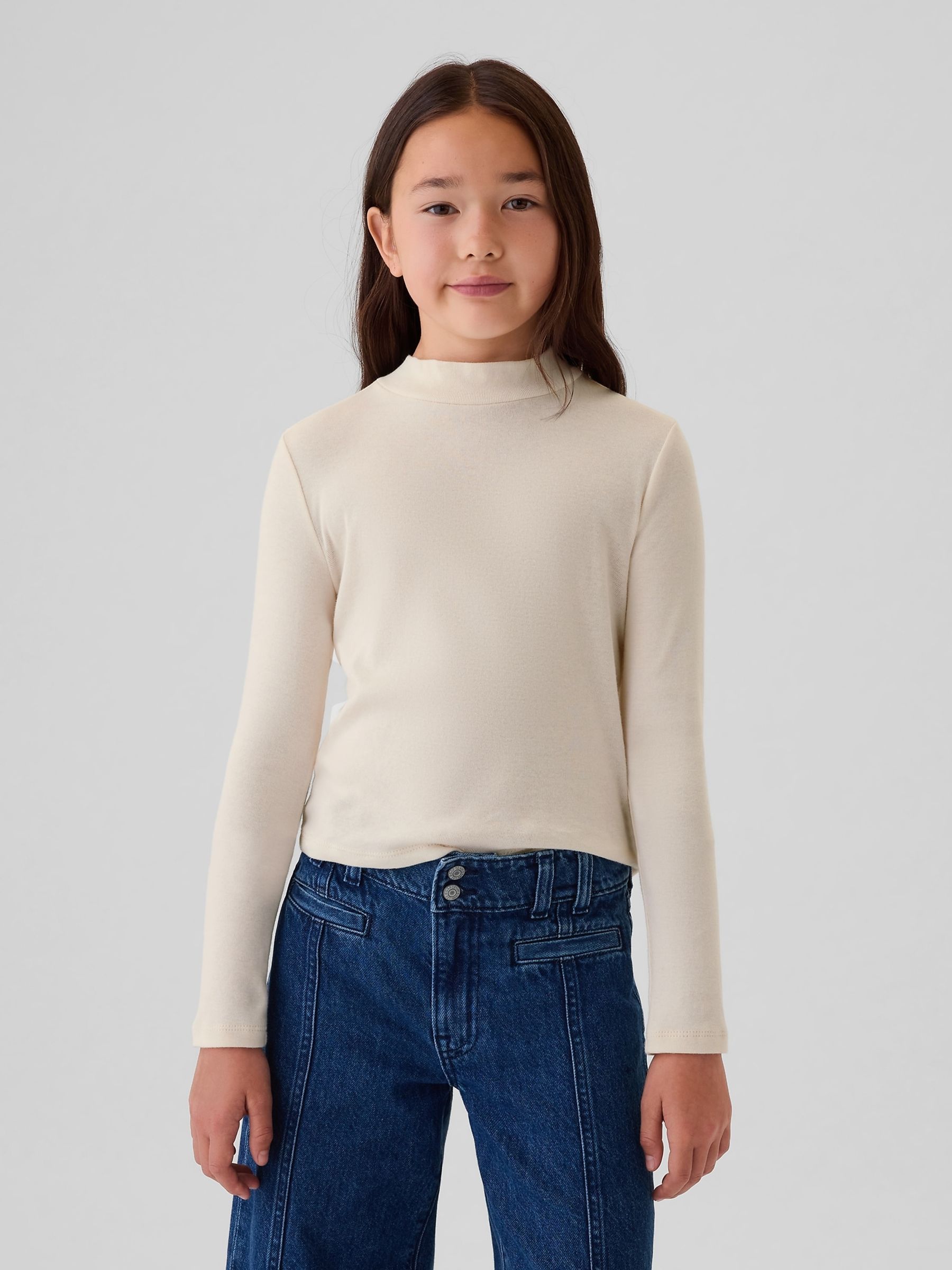 Cream Ribbed Long Sleeve Mock Neck T-Shirt - Image 1 of 2