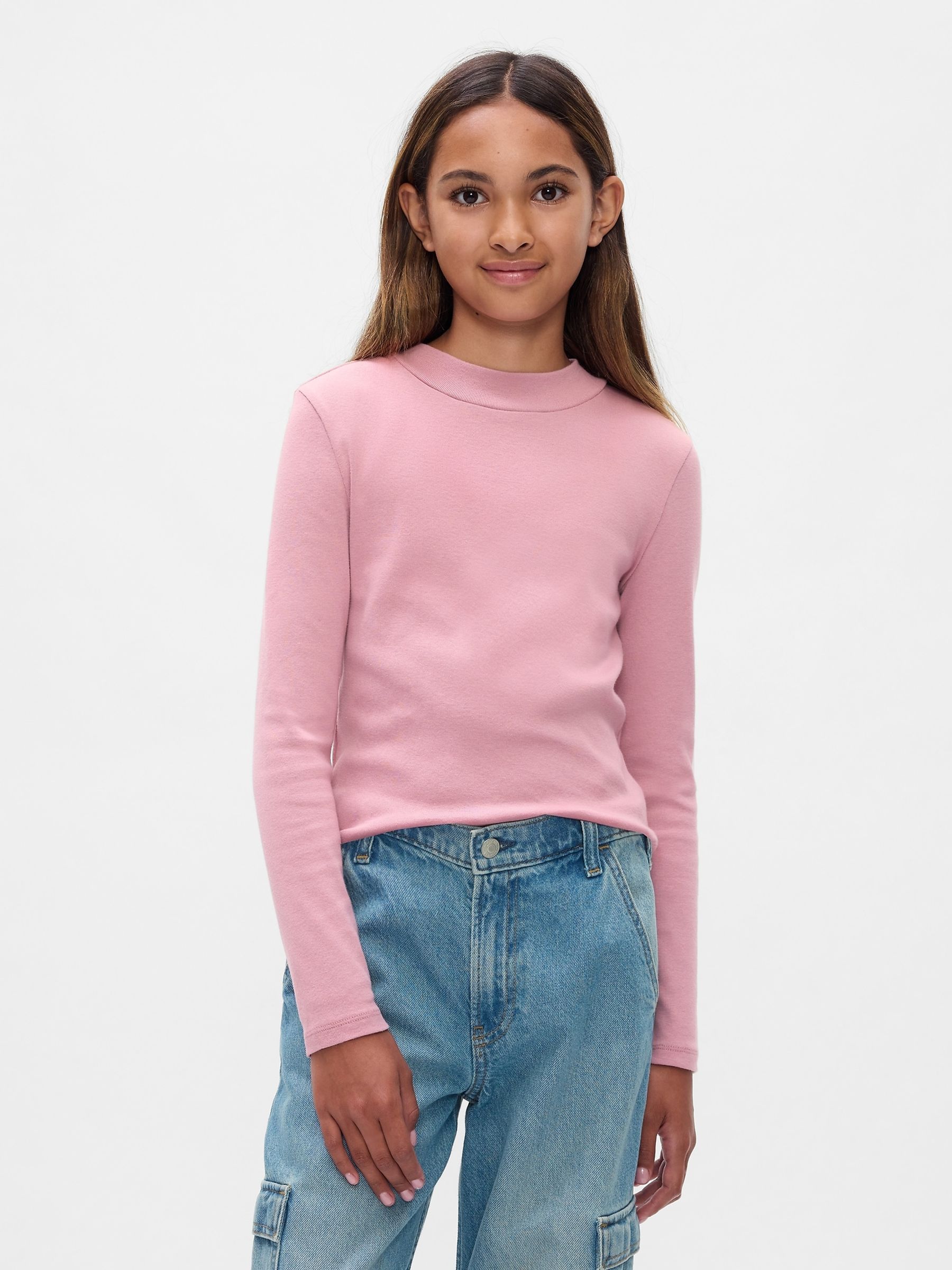 Pink Ribbed Long Sleeve Mock Neck T-Shirt - Image 1 of 4
