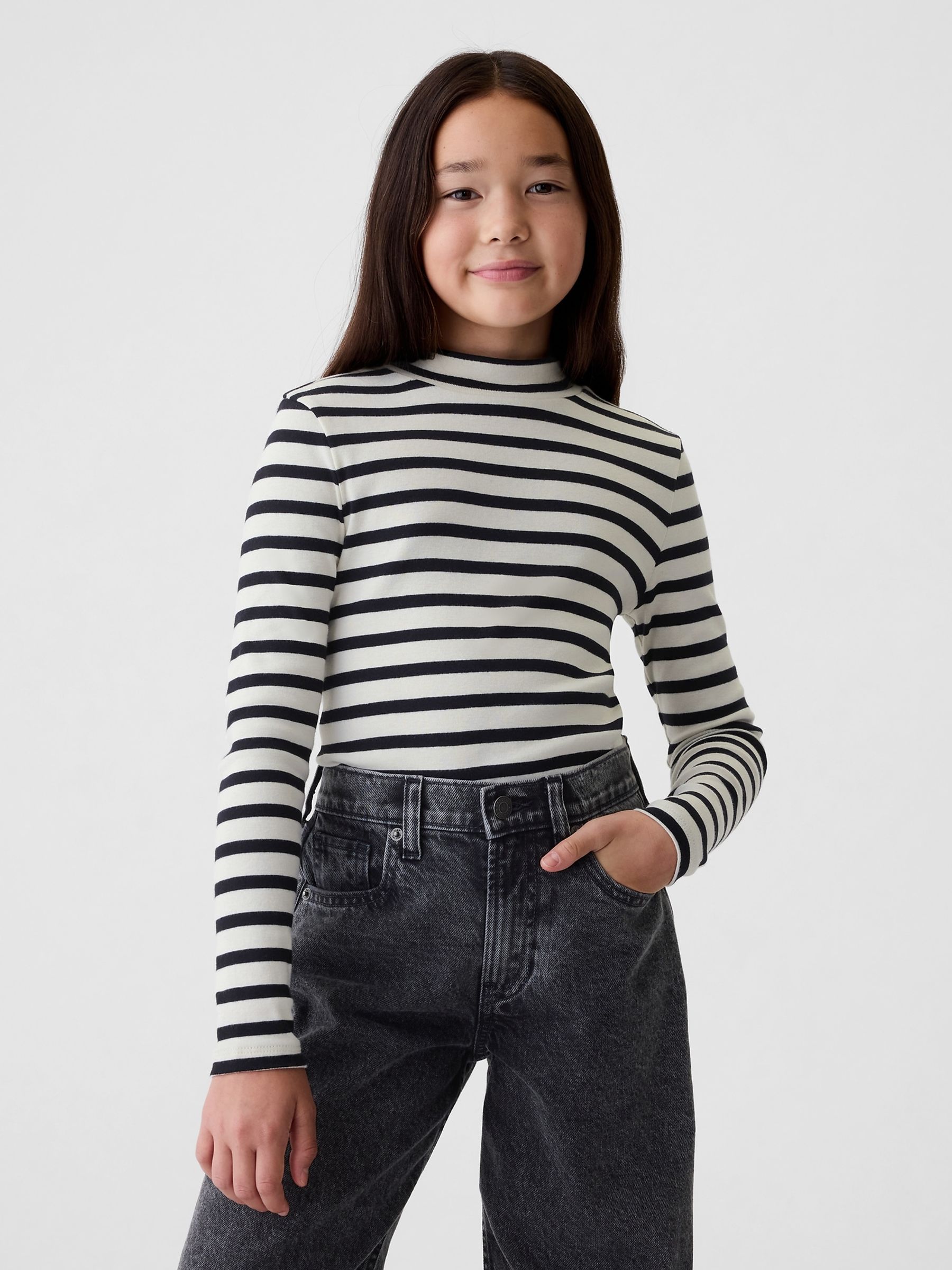 White Ribbed Long Sleeve Mock Neck T-Shirt - Image 1 of 4