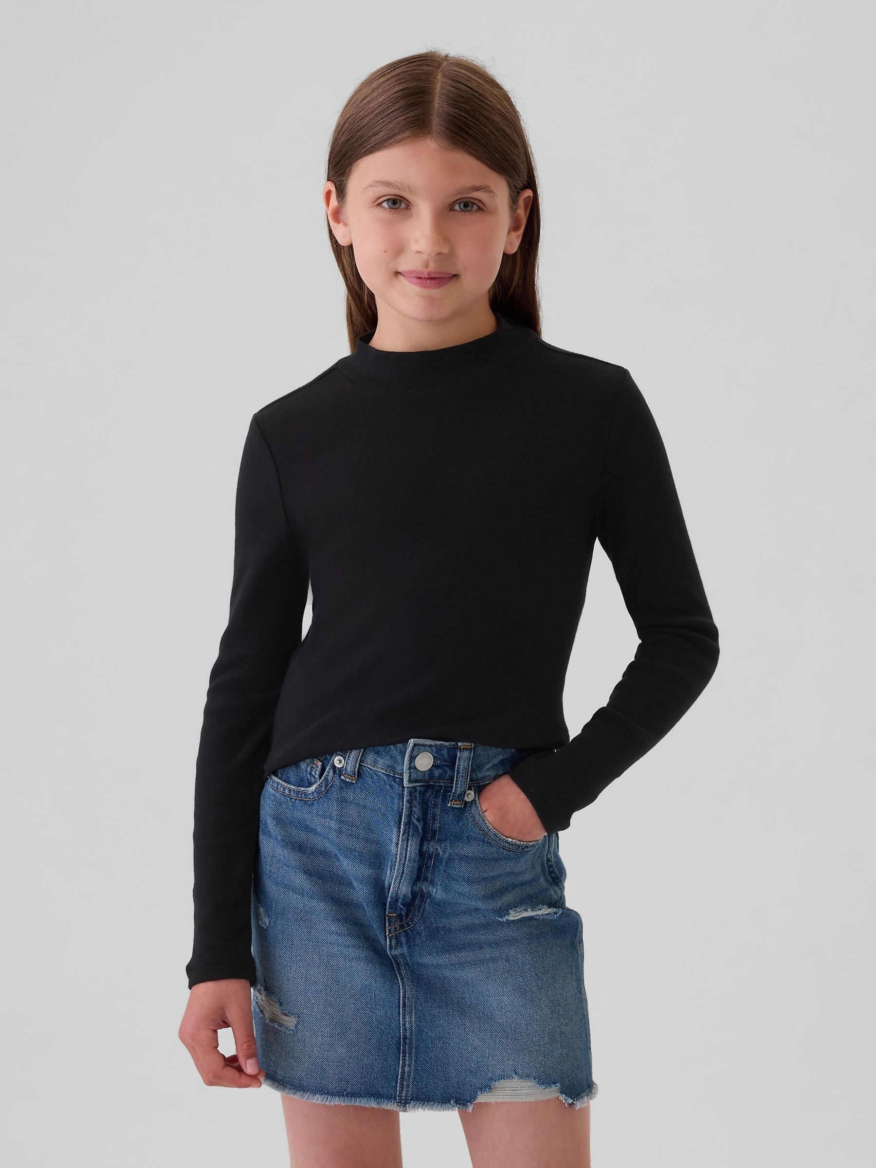 Black Ribbed Long Sleeve Mock Neck T-Shirt - Image 1 of 4