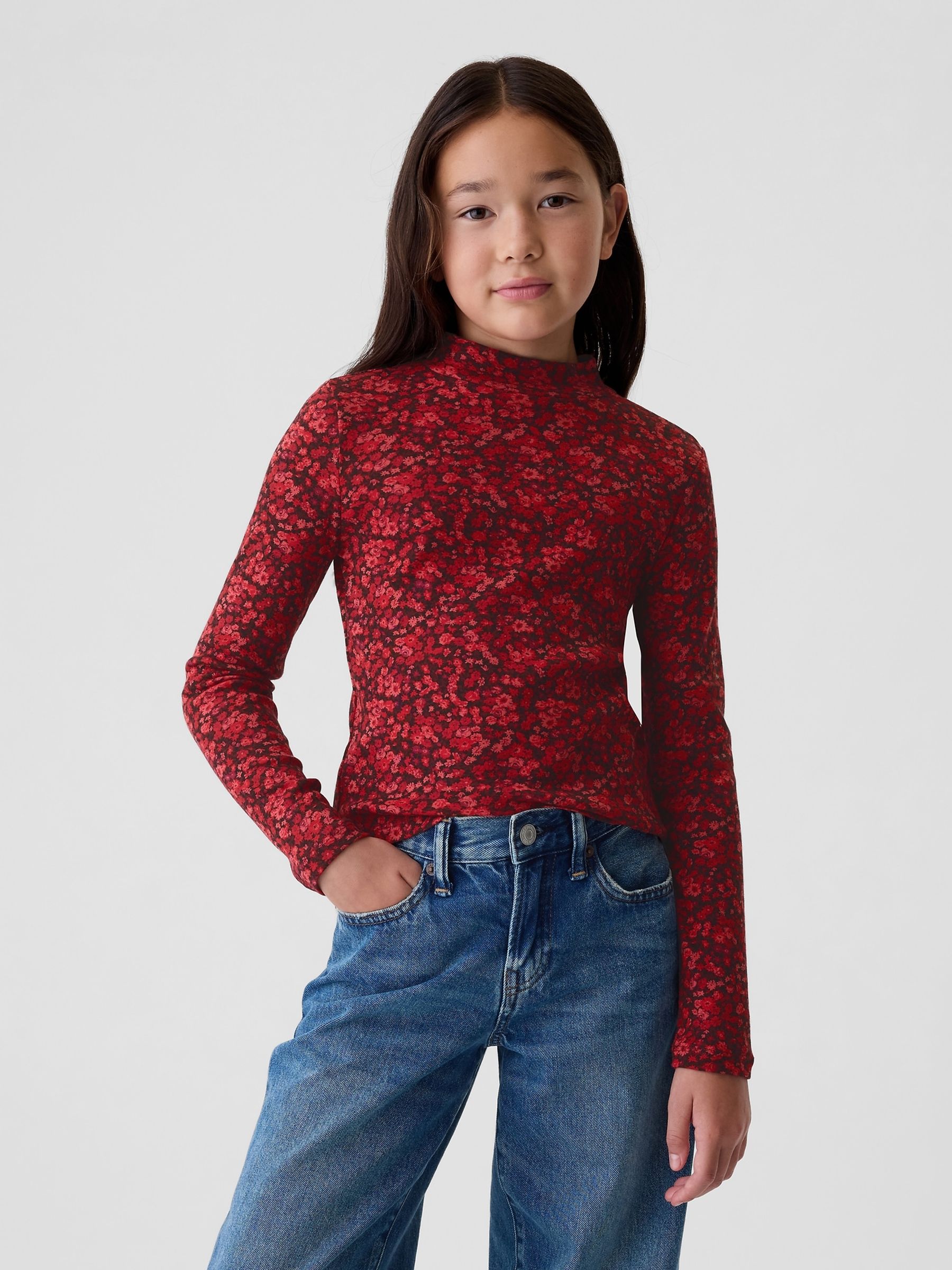 Red Ribbed Long Sleeve Mock Neck T-Shirt - Image 1 of 4