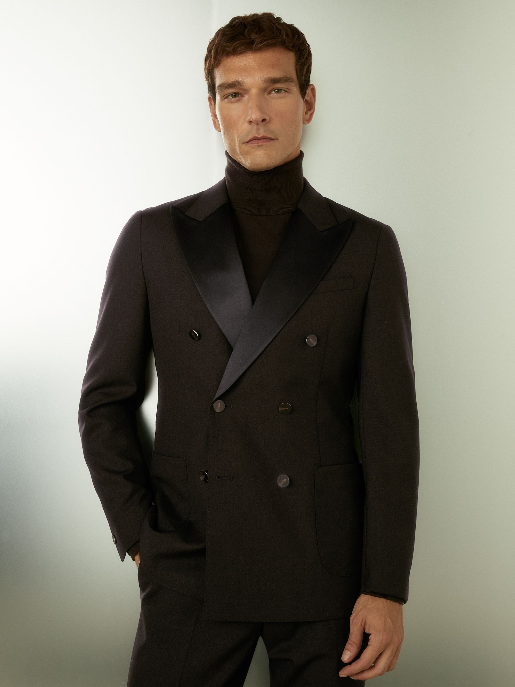 Double-Breasted Tuxedo Jacket in Wool in Brown - Image 1 of 6