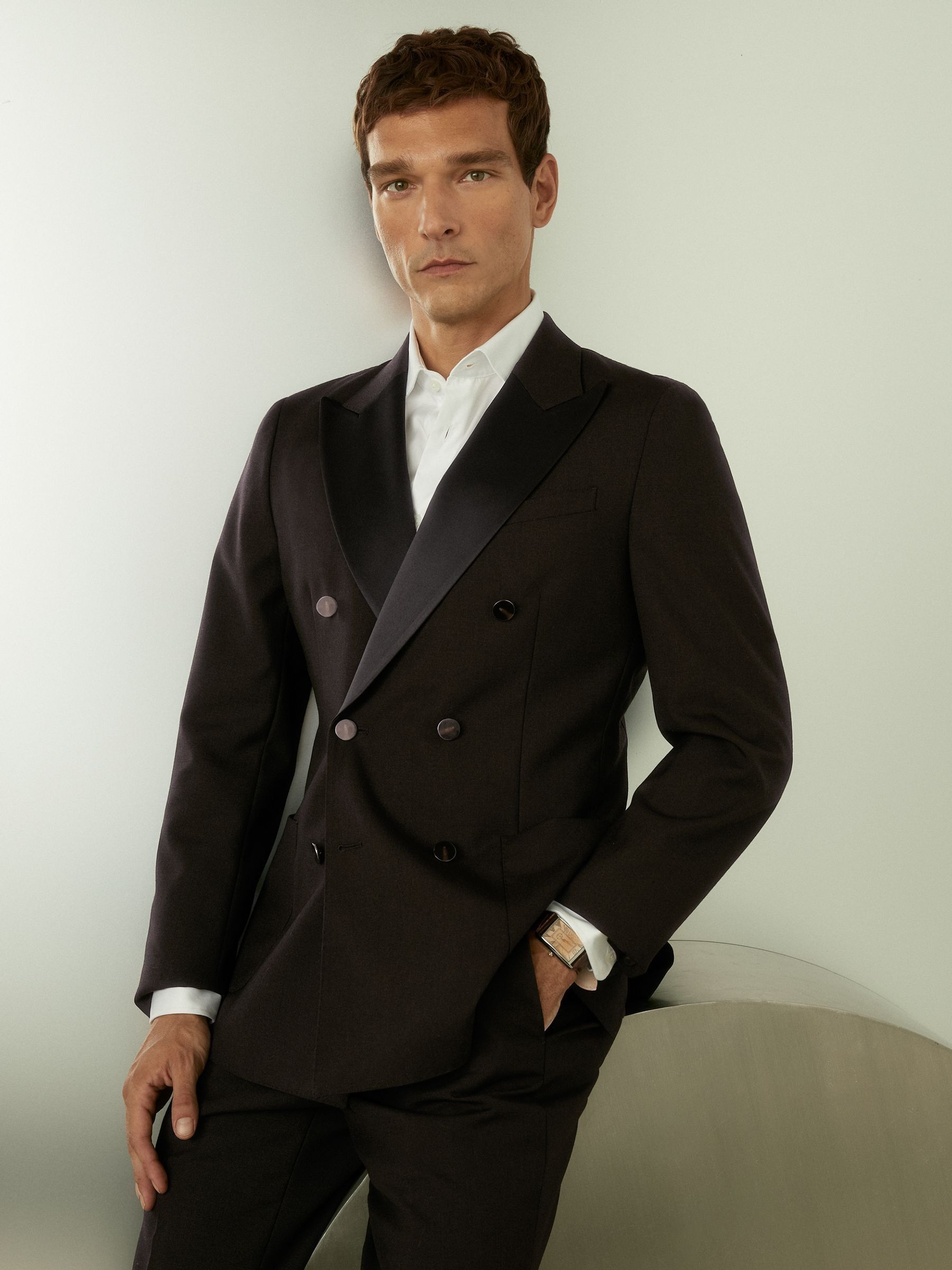 Double-Breasted Tuxedo Jacket in Wool in Brown - Image 3 of 6