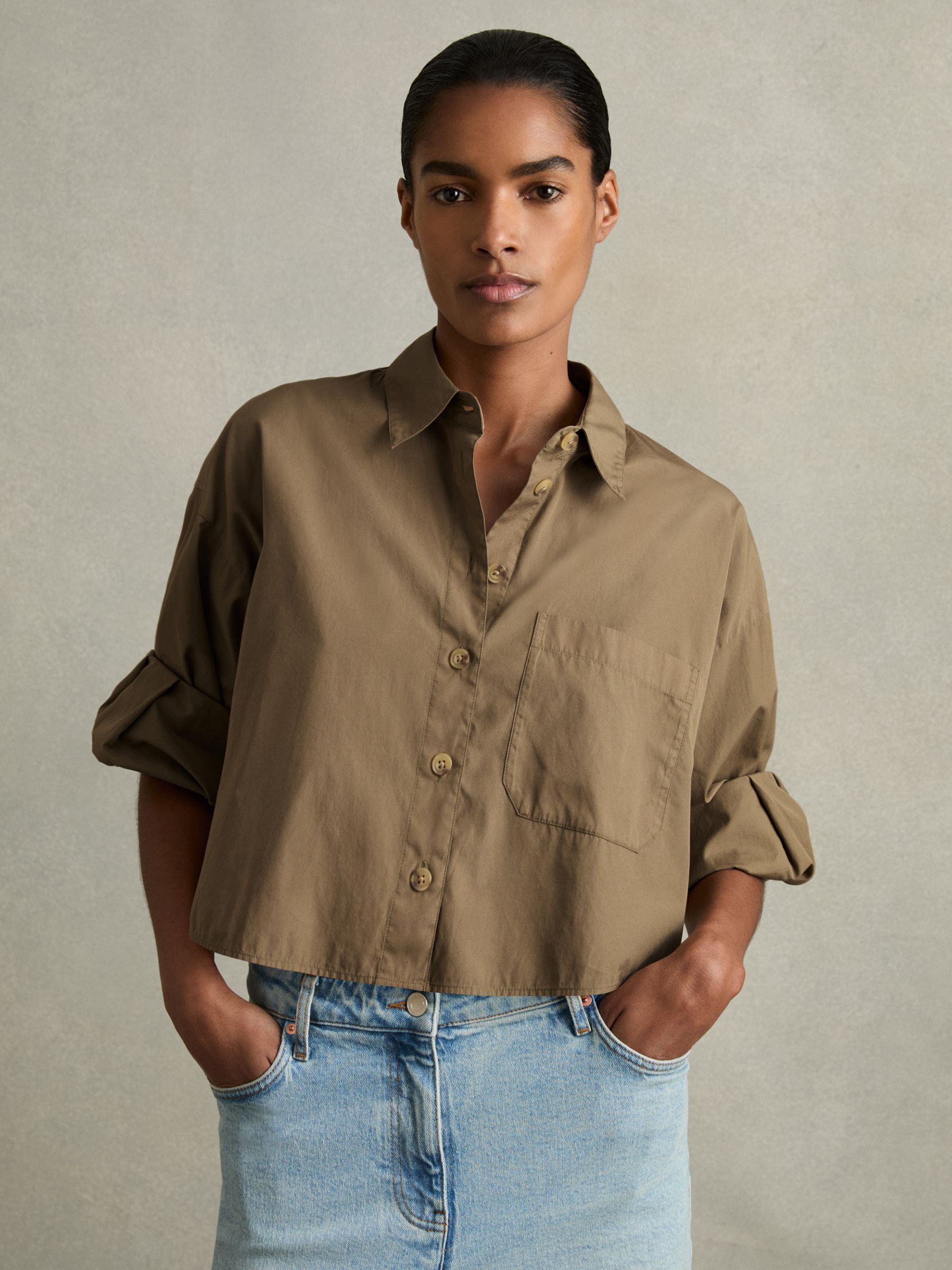Cropped Cotton Shirt in Khaki - Image 3 of 6