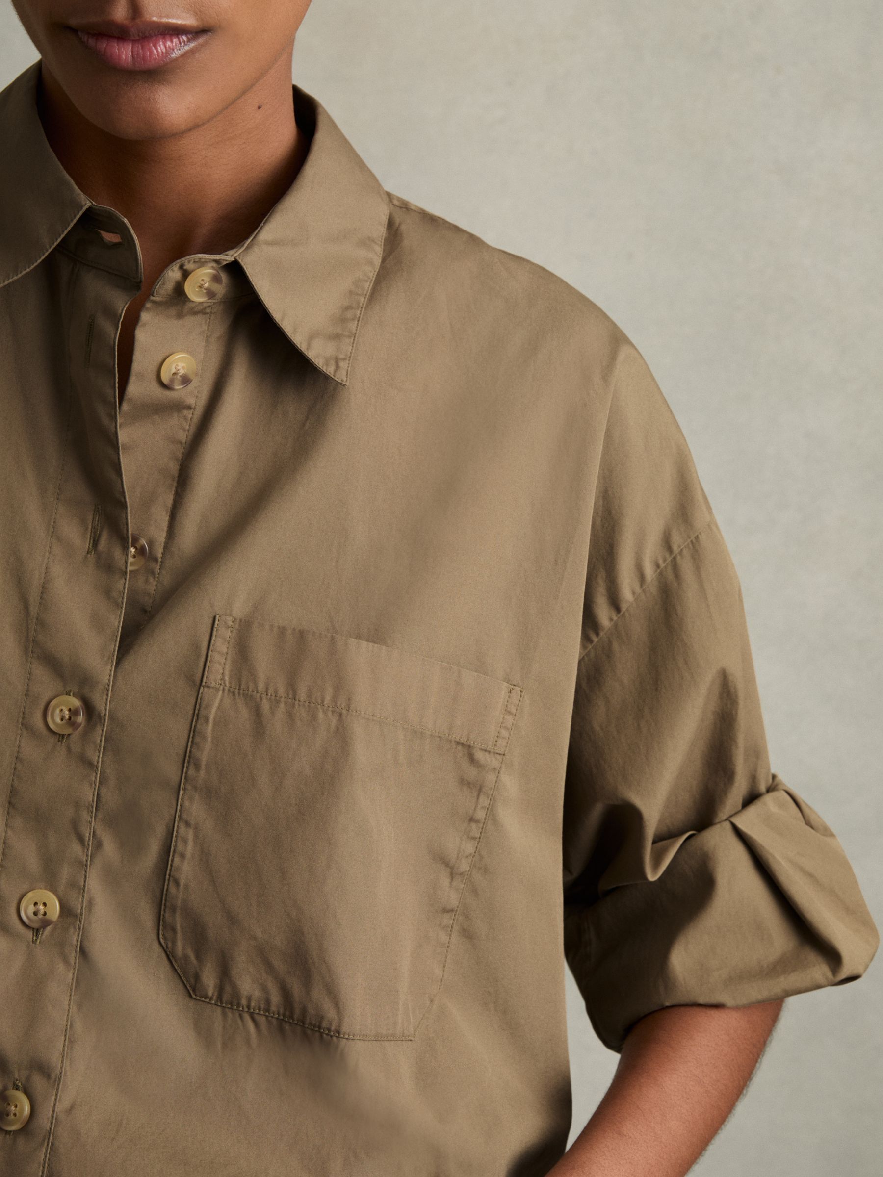 Cropped Cotton Shirt in Khaki - Image 4 of 6