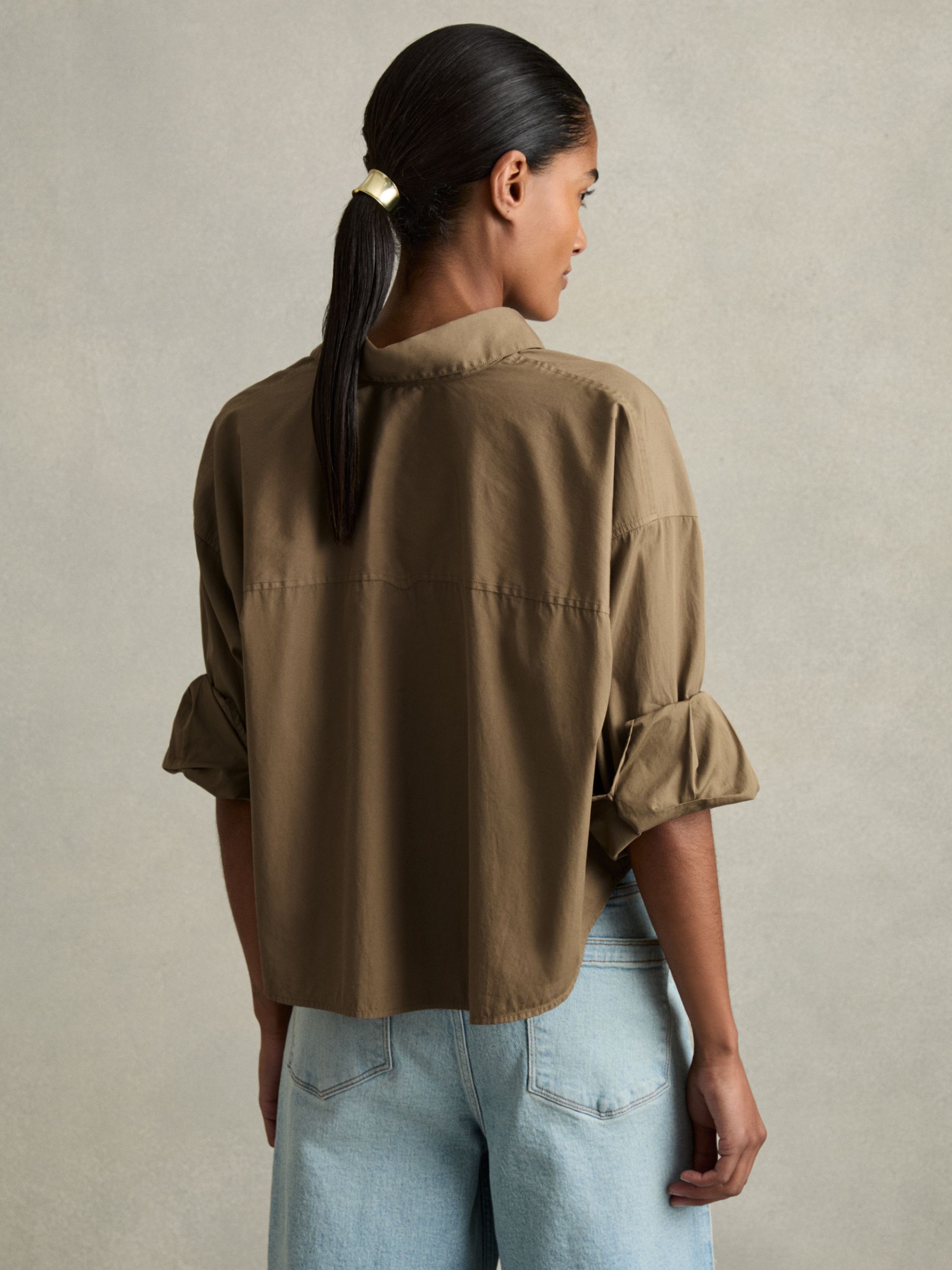 Cropped Cotton Shirt in Khaki - Image 5 of 6