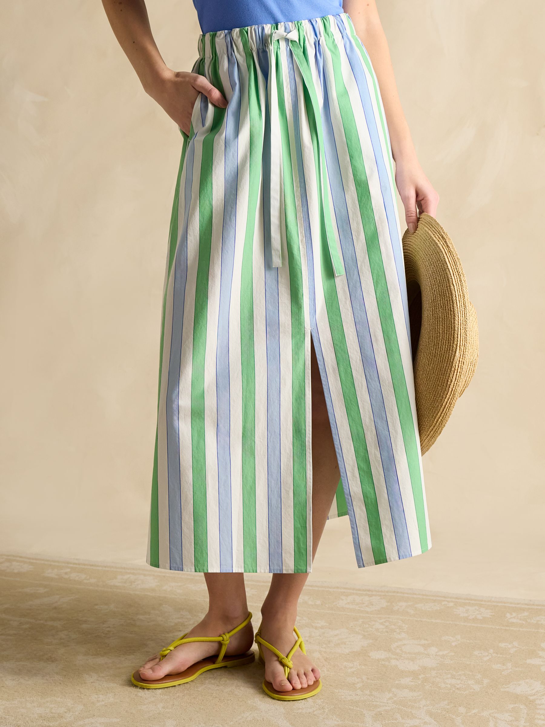 Blue/Green Stripe Cotton Poplin Midi Skirt - Image 2 of 8