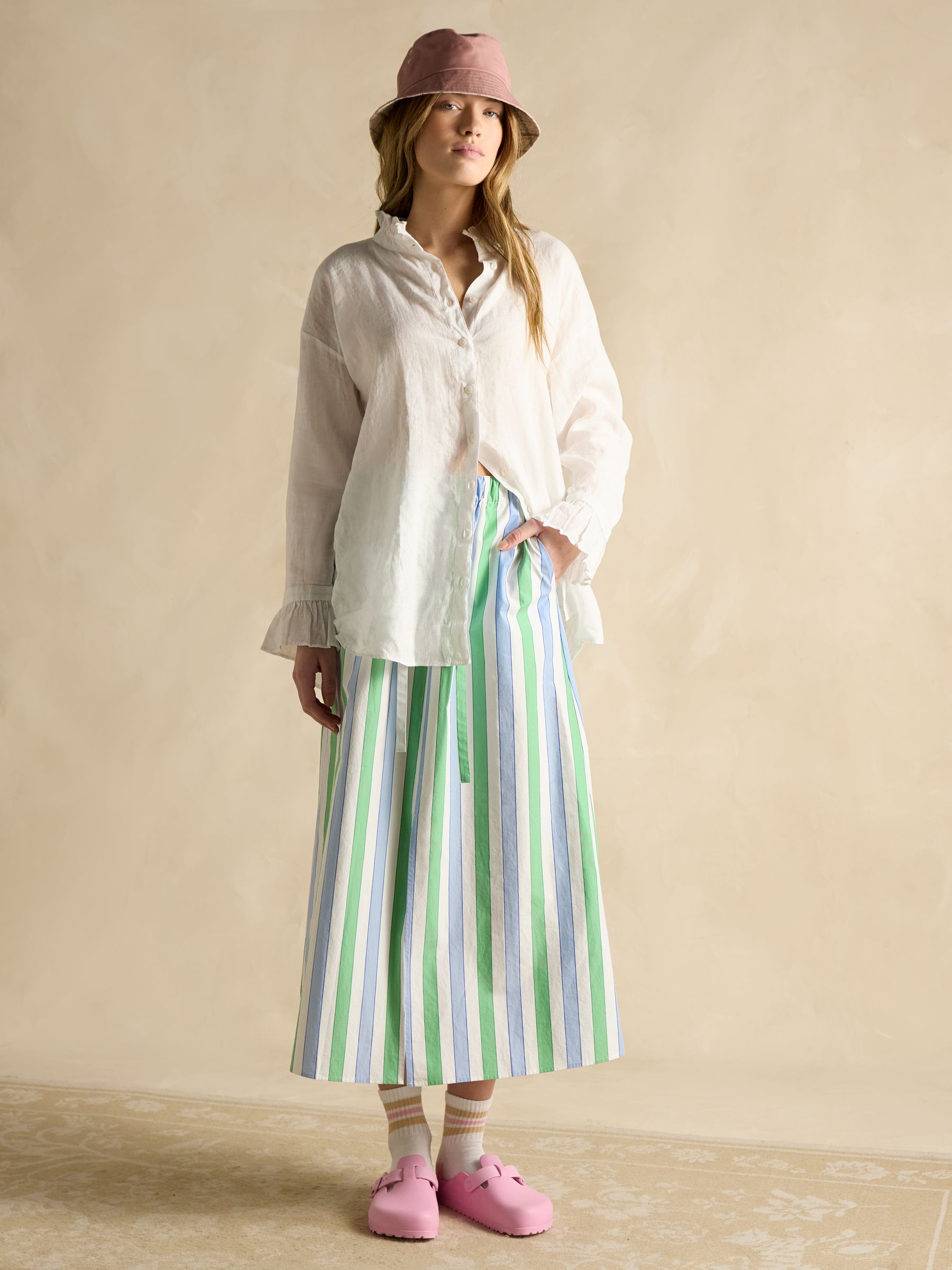 Blue/Green Stripe Cotton Poplin Midi Skirt - Image 4 of 8