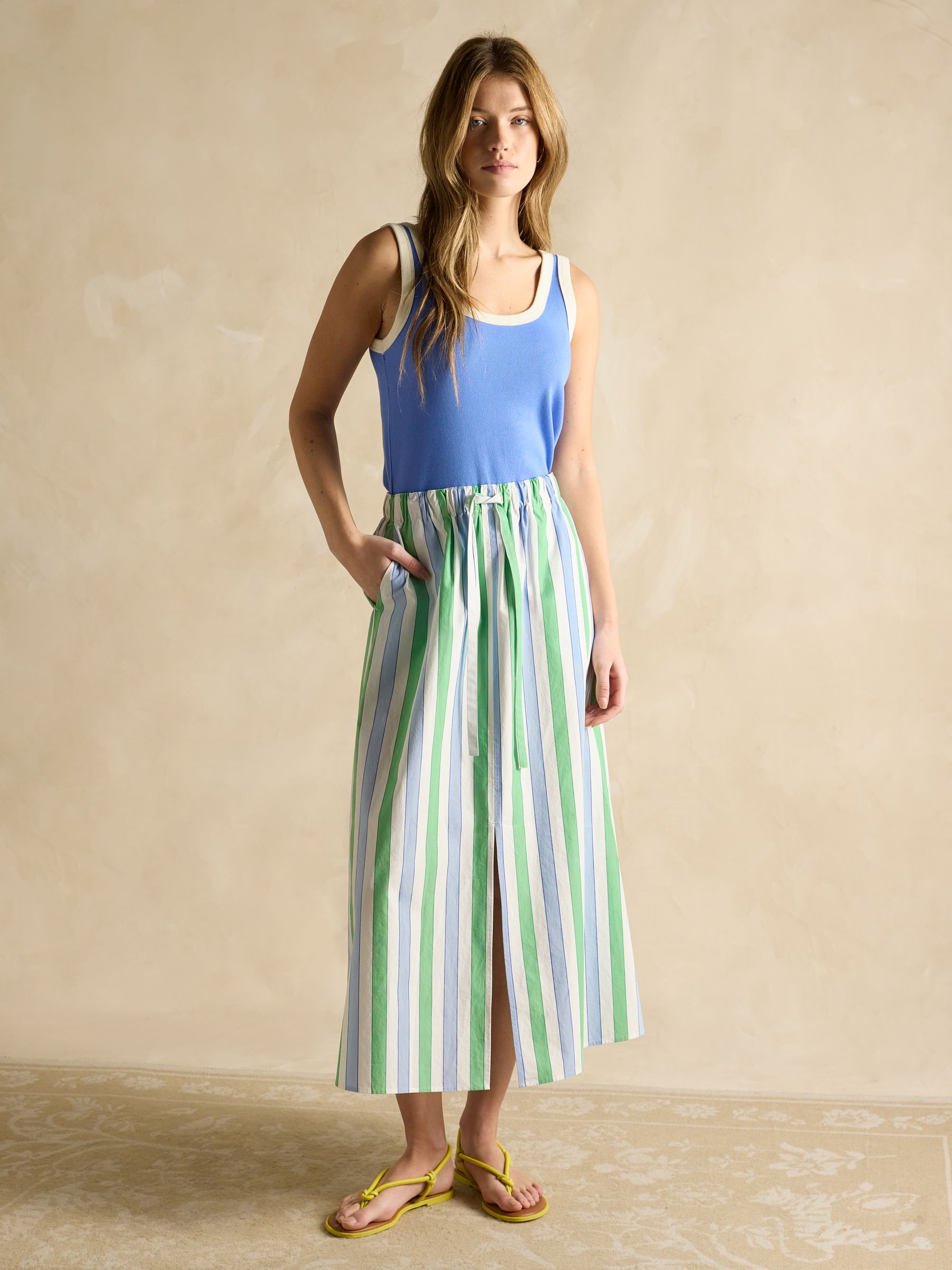Blue/Green Stripe Cotton Poplin Midi Skirt - Image 6 of 8