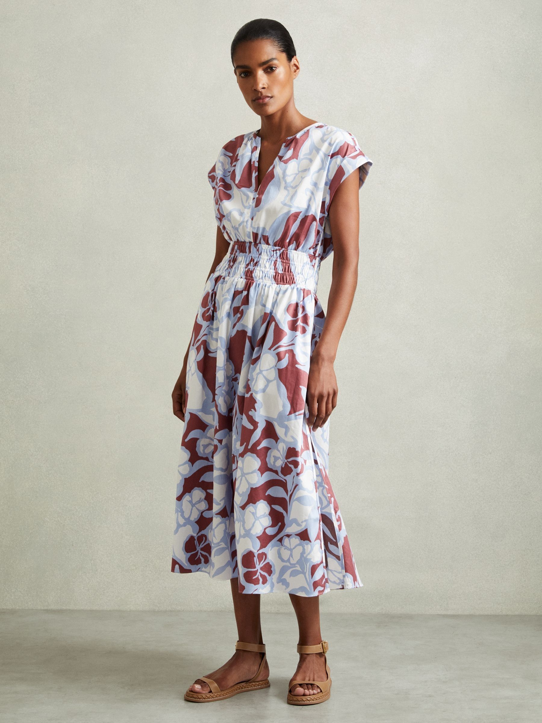 100% Cotton Poplin Floral-Print Midi Dress in Blue - Image 3 of 6