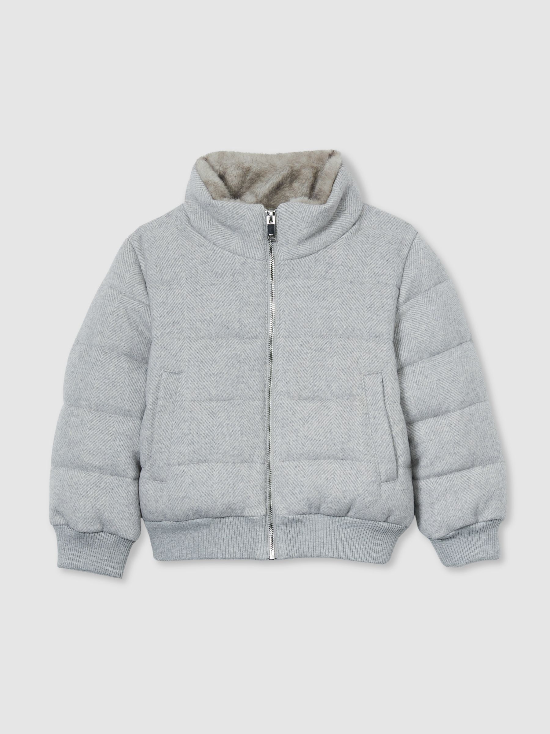 Herringbone Faux-Fur Collar Puffer Jacket in Soft Grey Melange - Image 2 of 4