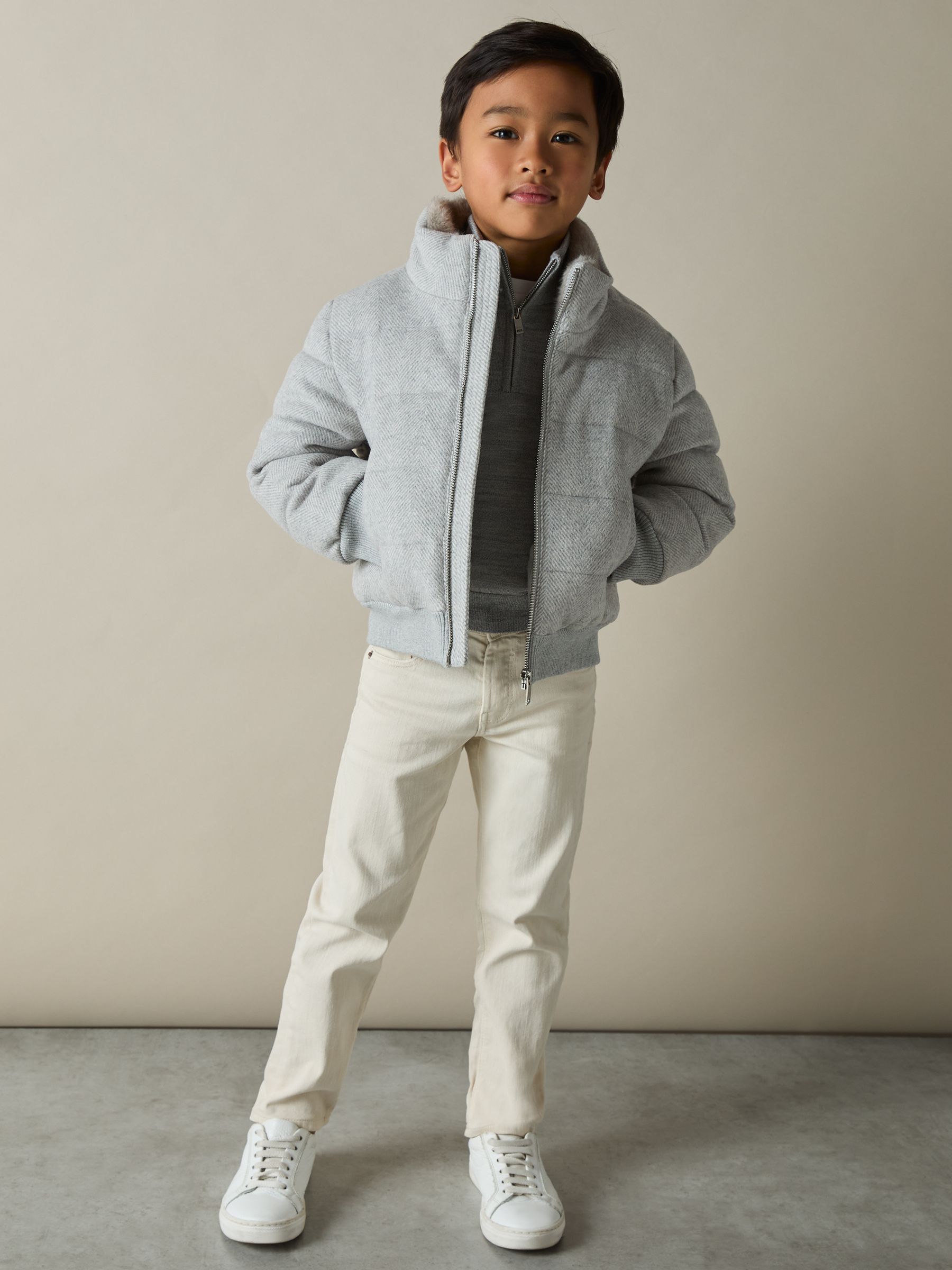 Herringbone Faux-Fur Collar Puffer Jacket in Soft Grey Melange - Image 3 of 4