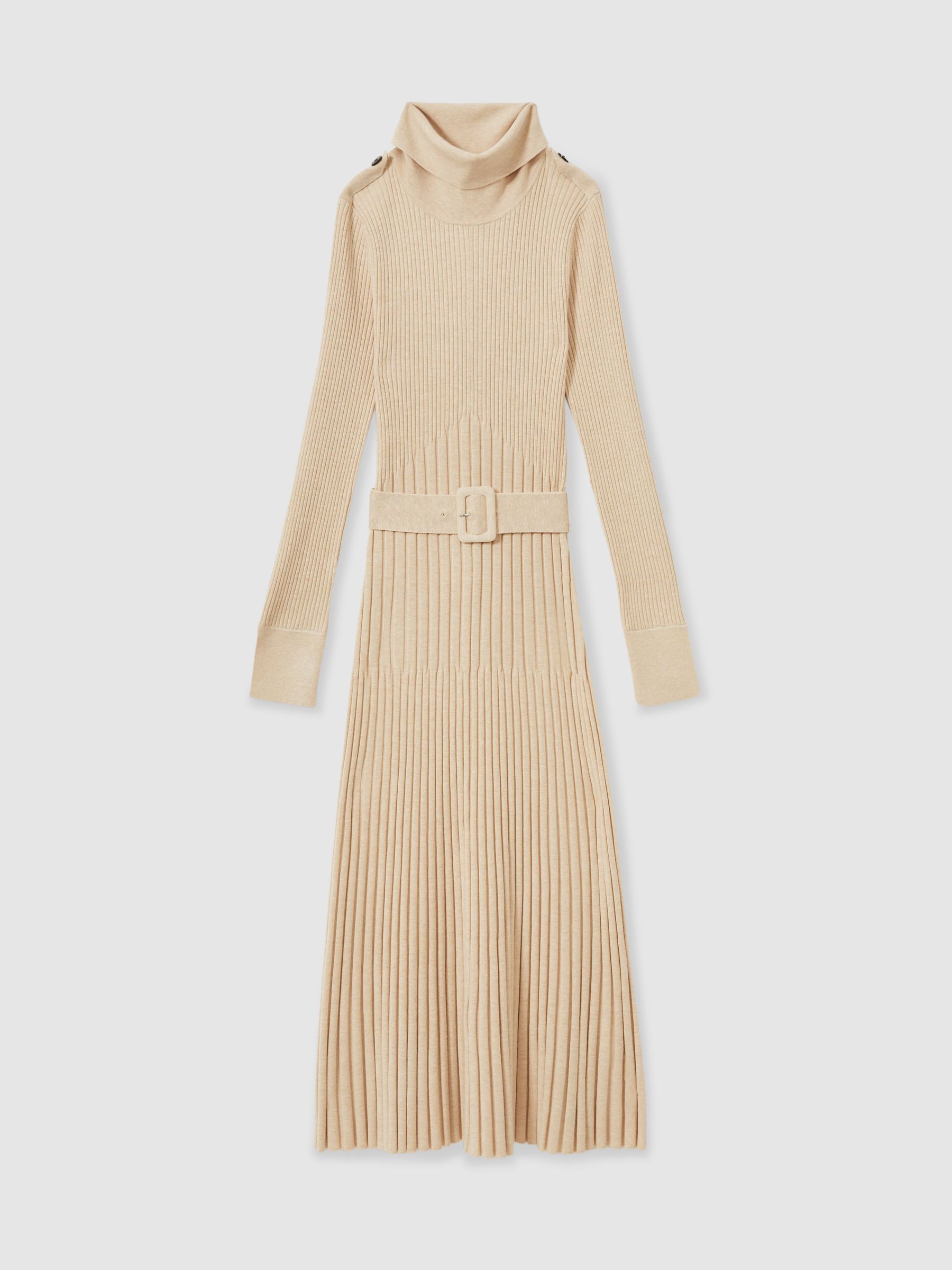 Ribbed Roll Neck Belted Midi Dress in Neutral - Image 2 of 7