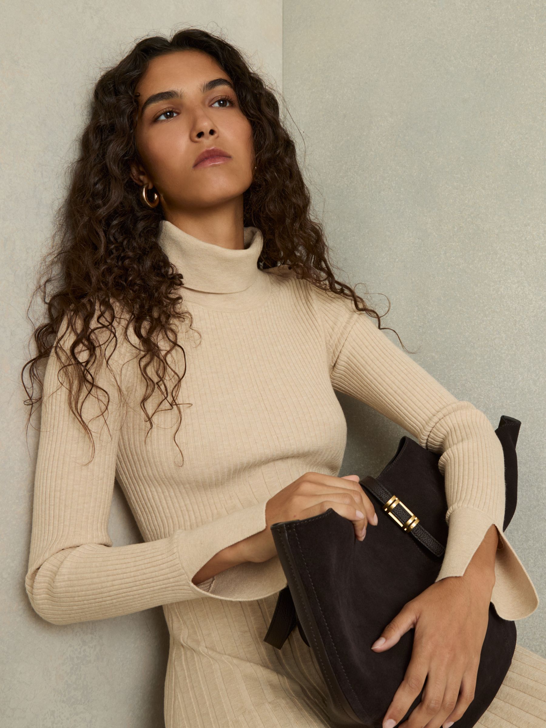 Ribbed Roll Neck Belted Midi Dress in Neutral - Image 3 of 7