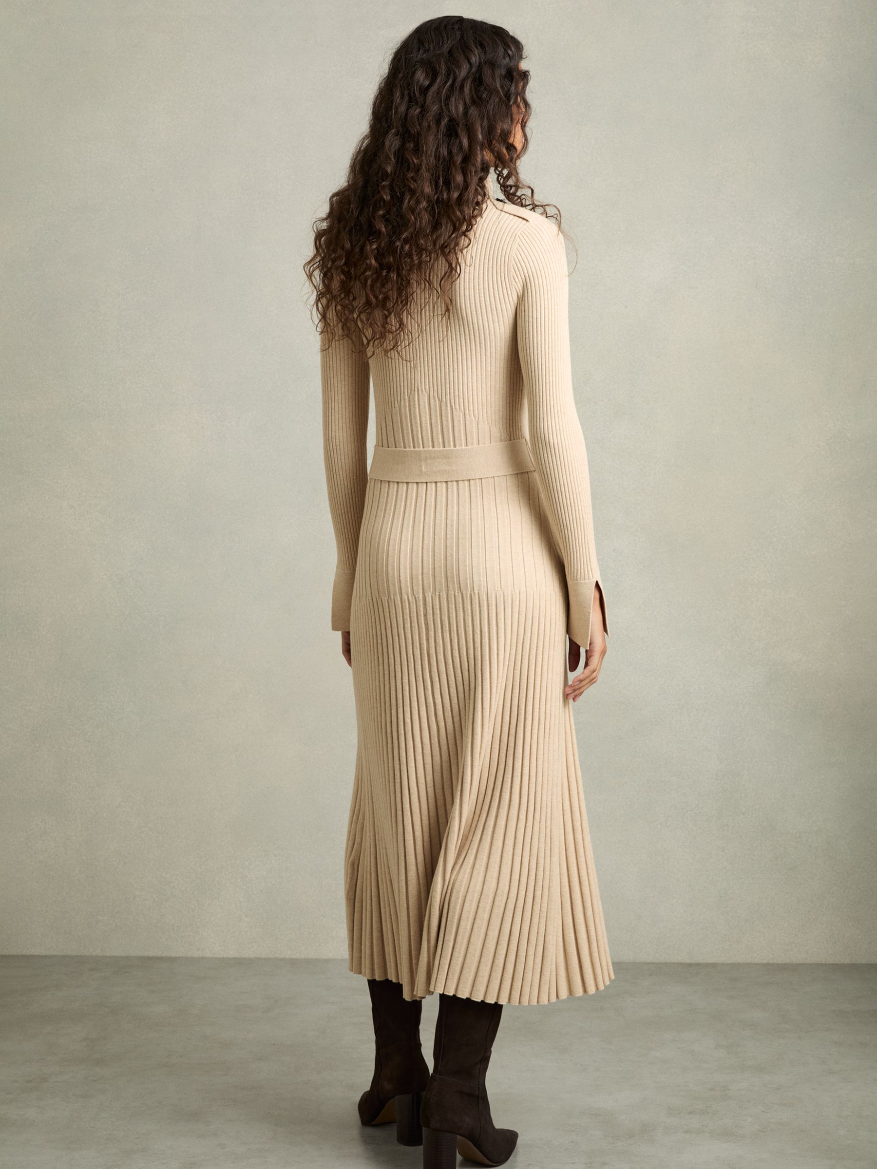 Ribbed Roll Neck Belted Midi Dress in Neutral - Image 5 of 7